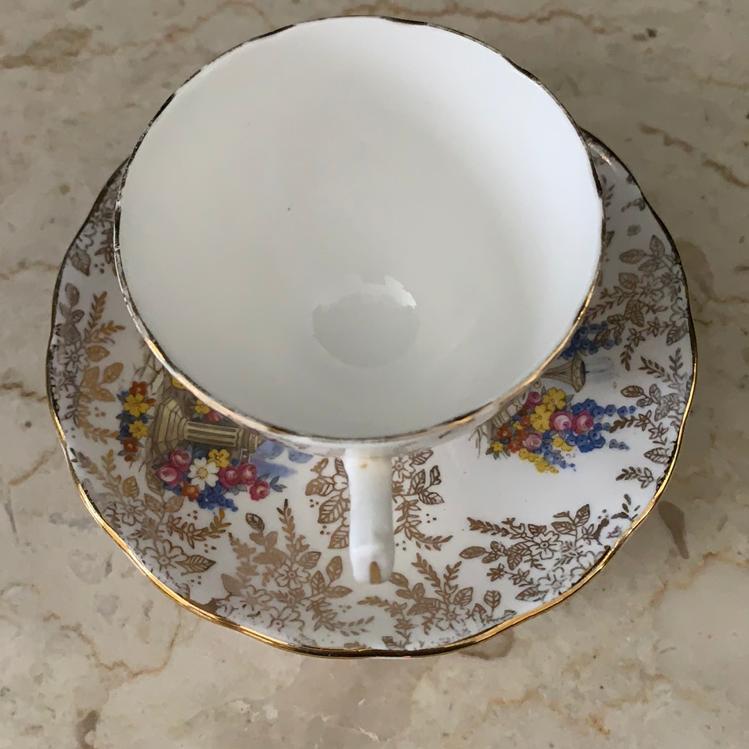Vintage Tea Cup with Gold Floral Pattern Lady in the Garden
