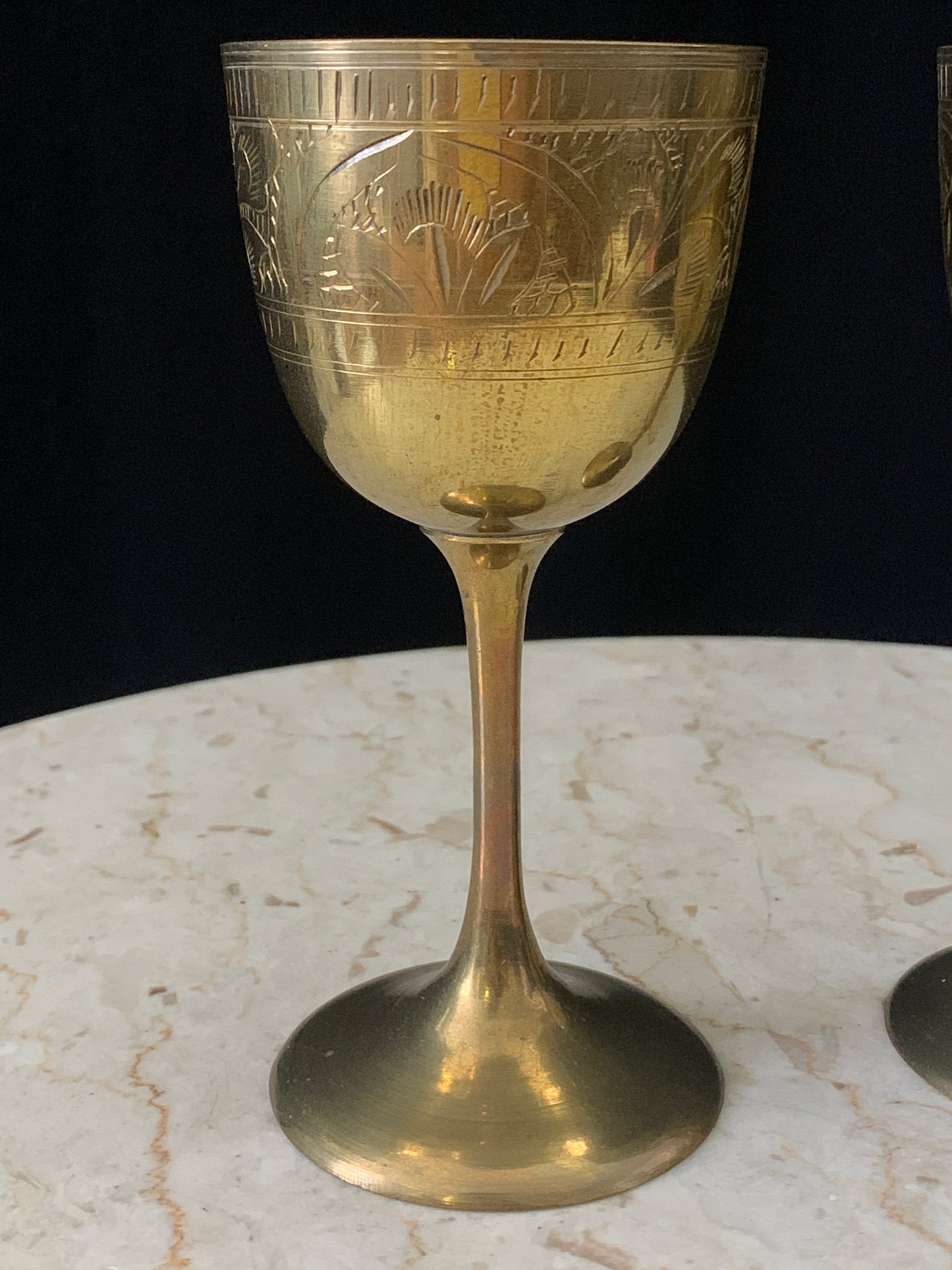 Pair of Brass Wine Goblets with Engraved Floral Design