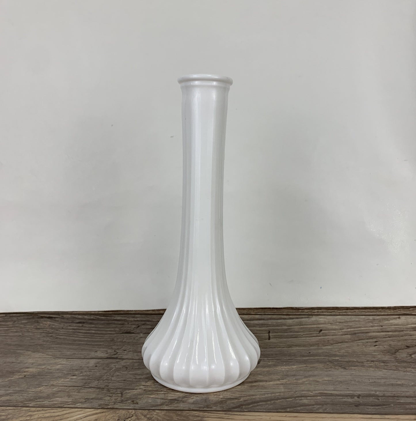 Tall White Milk Glass Bud Vase with Ribbed Pattern by Hoosier Glass