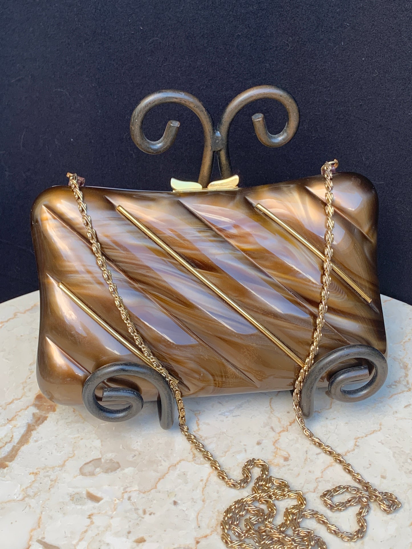 Henry Birks Vintage Clutch Brown and Gold Hard Shell Evening Bag