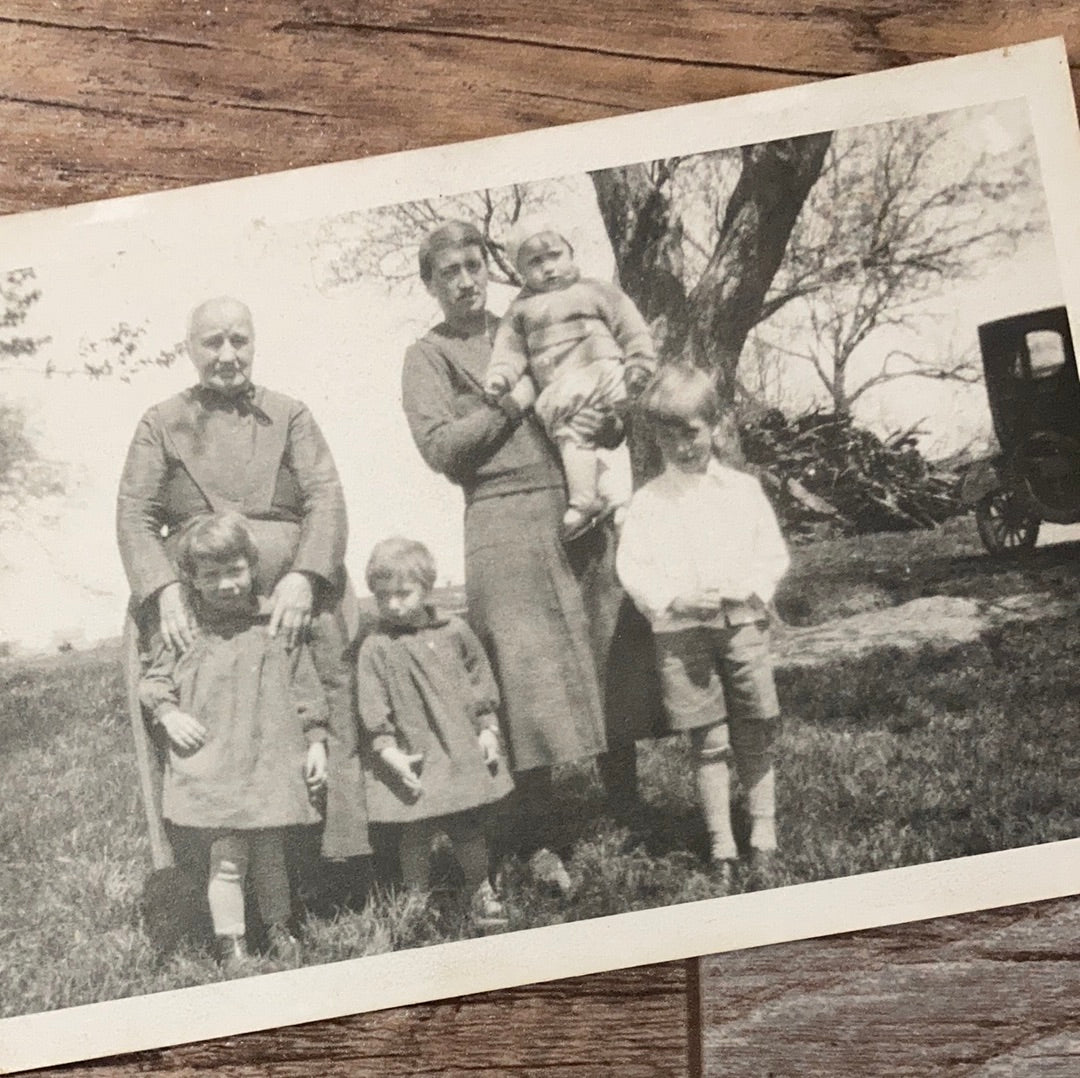 Original Antique Black and White Informal Portrait of Three Generations of Family