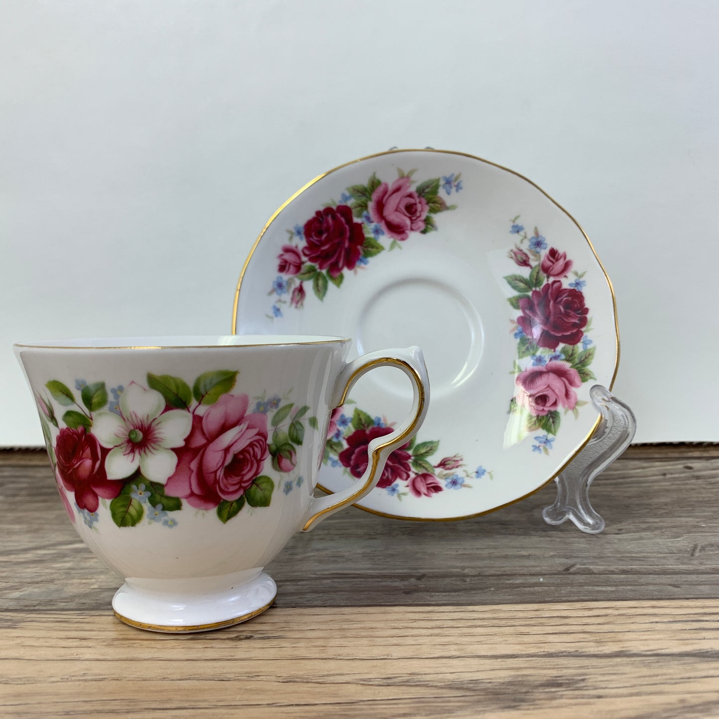 Pink, White and Red Queen Anne Vintage Teacup and Saucer Set