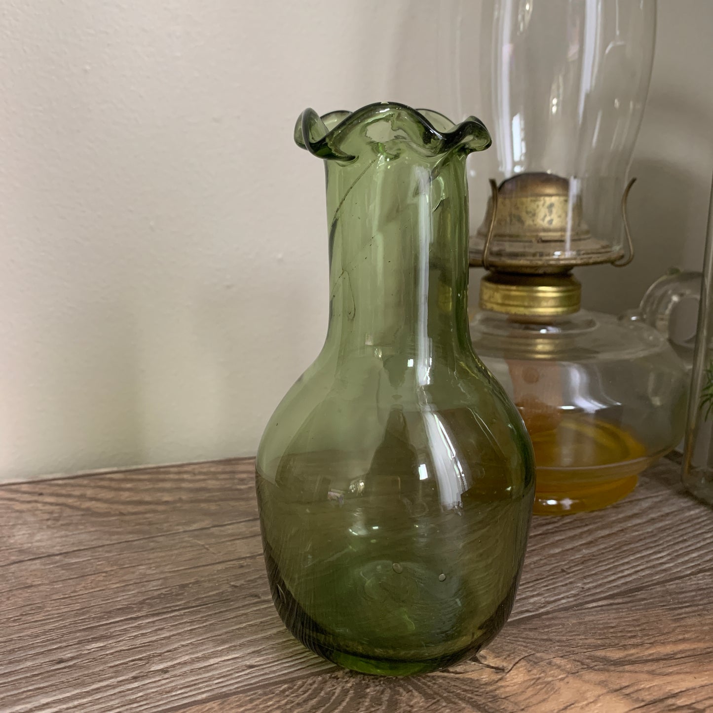 Green Blown Glass Vase, Small Glass Bud Vase with Ruffle