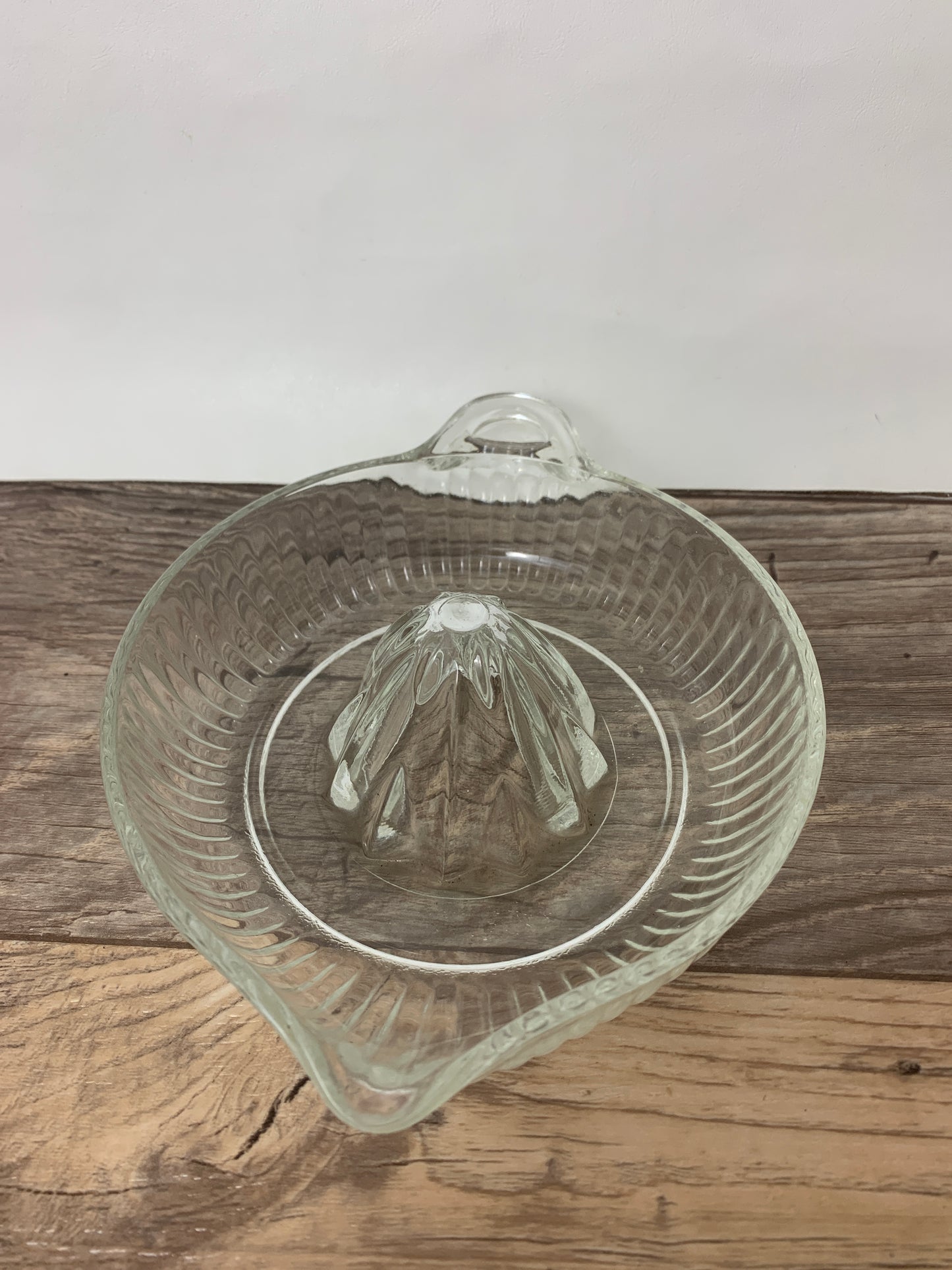 Vintage Glass Fruit Press, Large Lemon Press, Clear Glass Citrus Reamer with Ribbed Pattern