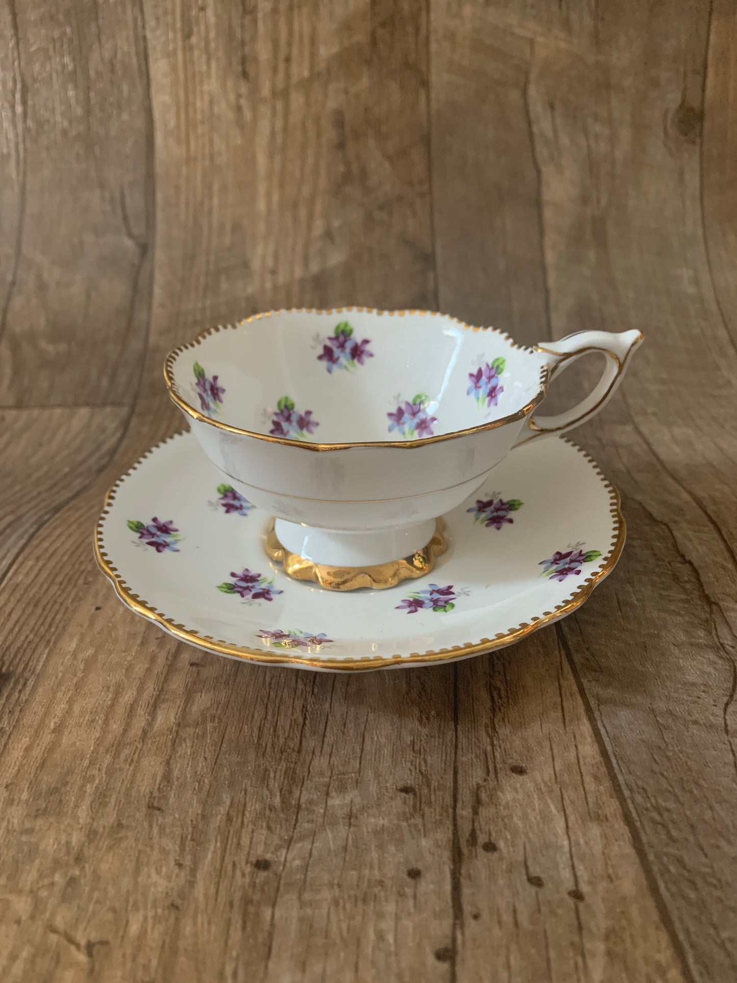 Vintage Teacup and Saucer with Purple Violets Wide Mouth Tea Cup and Saucer Set Mothers Day Gifts