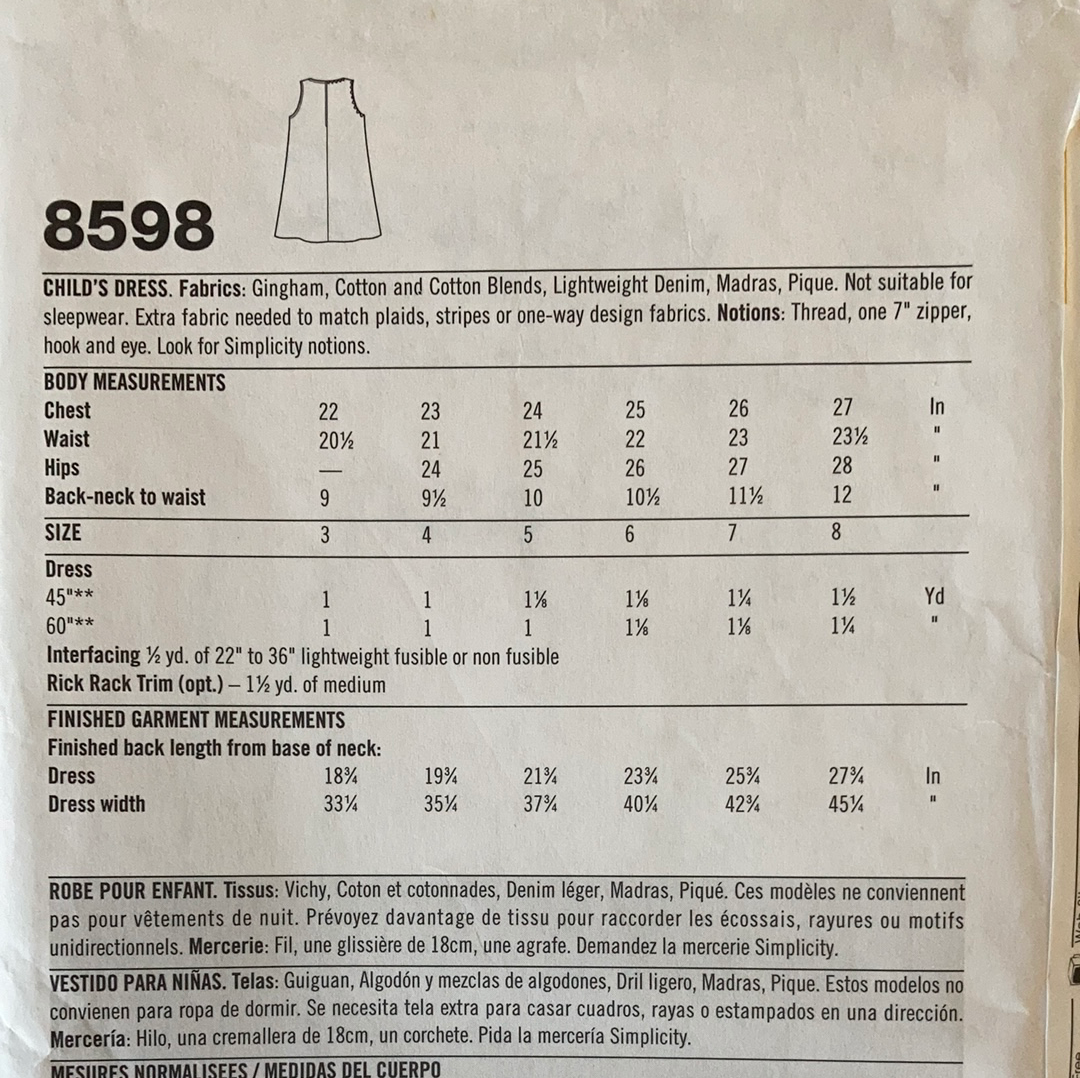 Girls Sleeveless Dress Sewing Pattern Size 3 to 8 Simplicity 8598