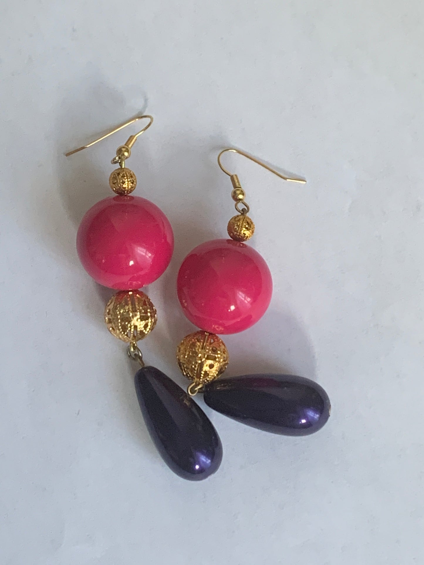 Pink and Purple Vintage Earrings 80s Dangle Earrings Colourful Earrings