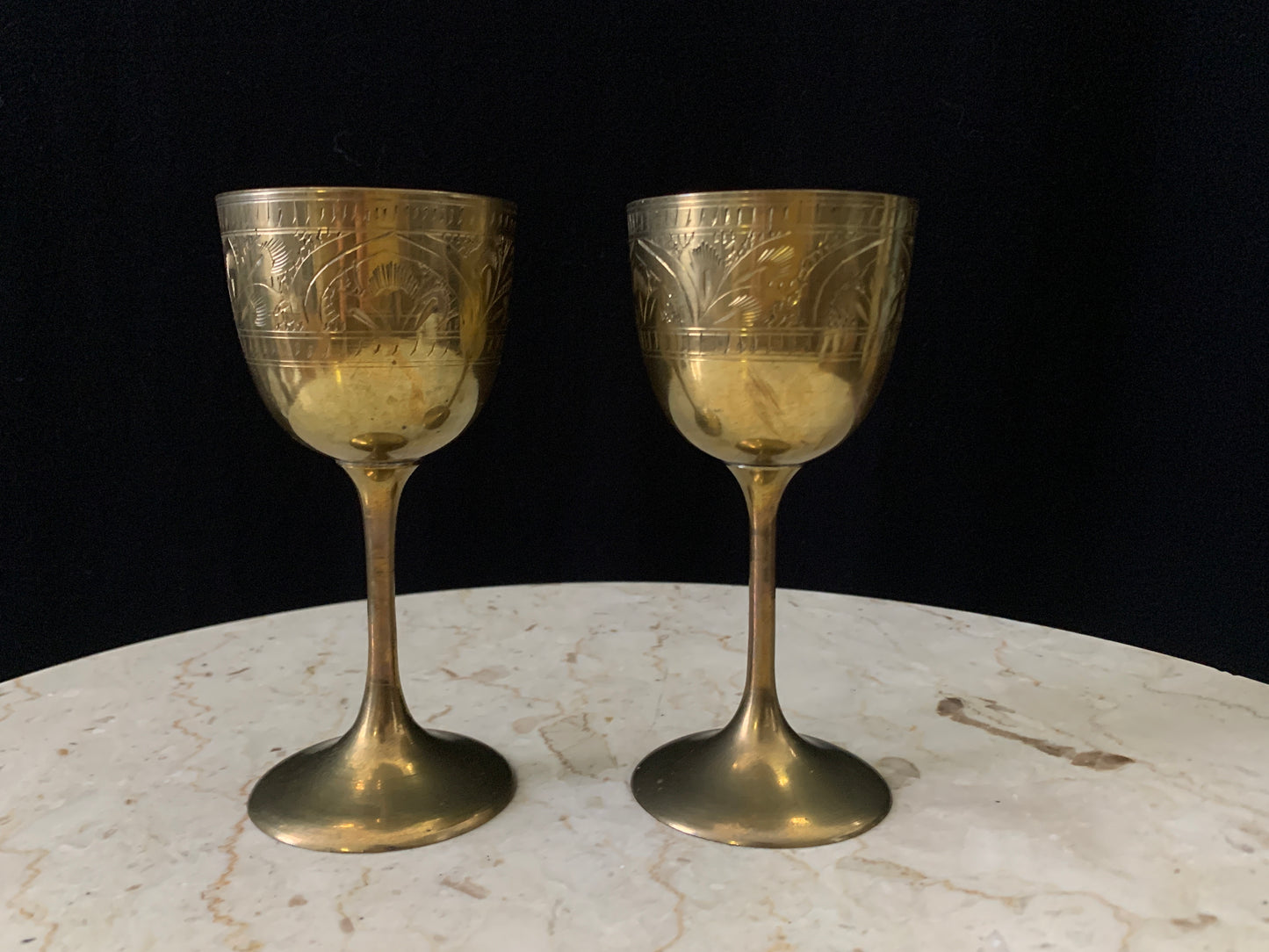Pair of Brass Wine Goblets with Engraved Floral Design