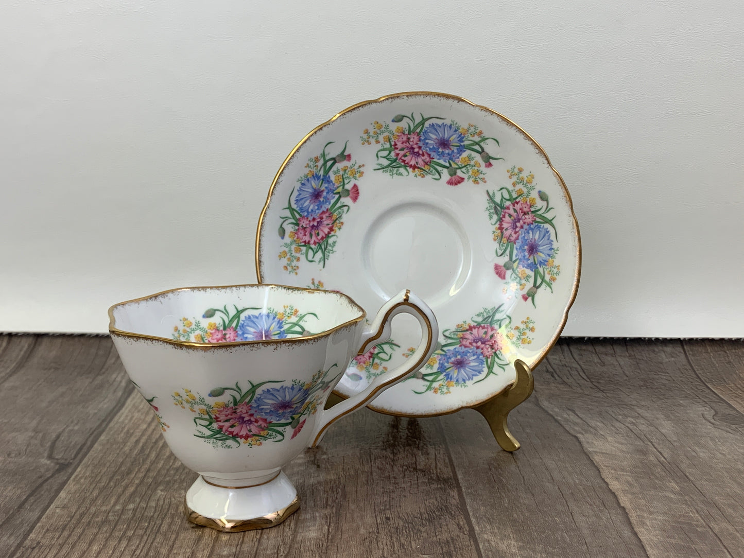 Pink and Blue Thistles Stafford Floral Tea Cup Vintage Teacup with Pink and Blue Floral Pattern