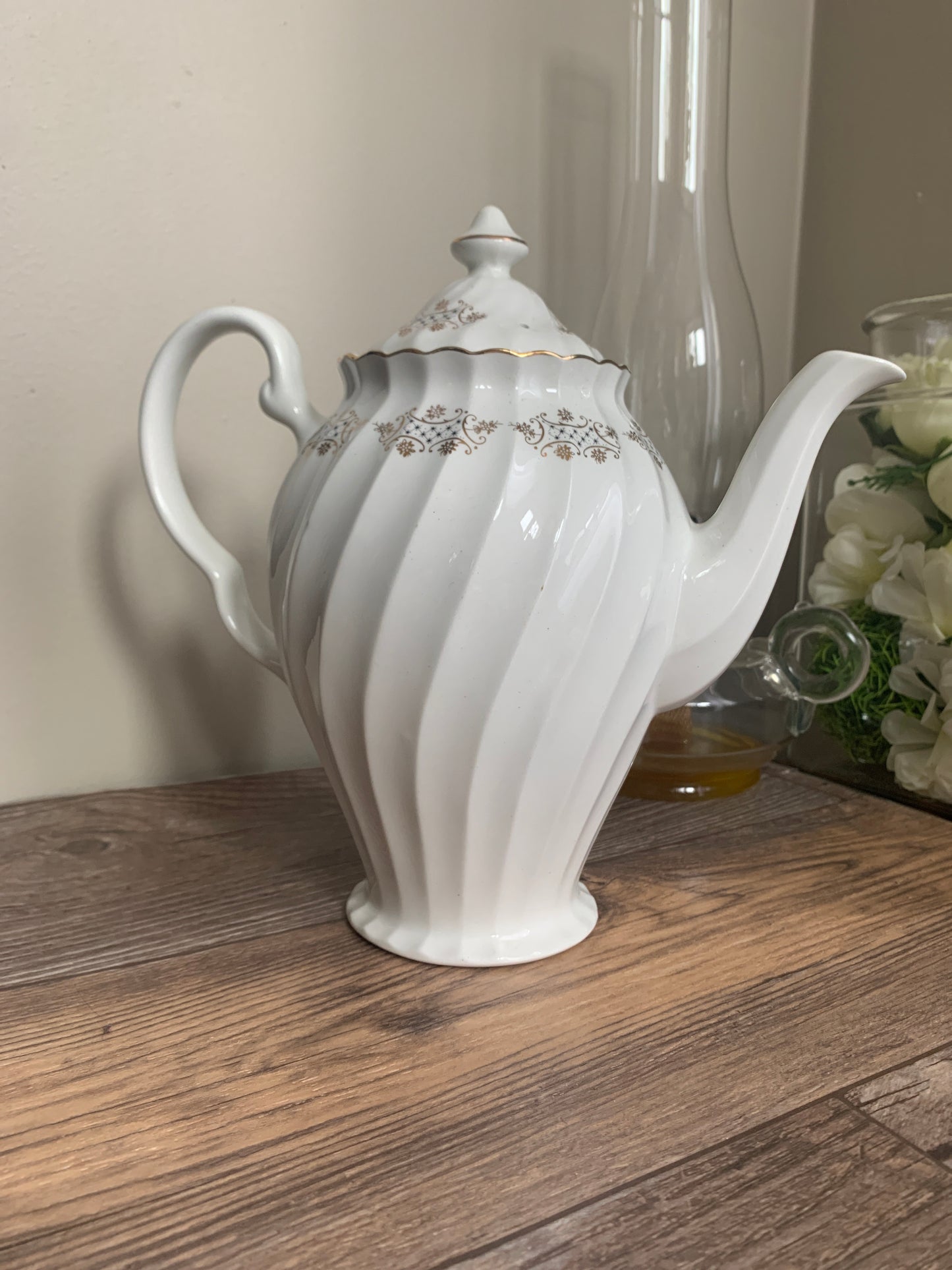 Johnson Bros White Coffee Pot with Swirled Rib Pattern Gold and Navy Pattern Tall Coffee Pot