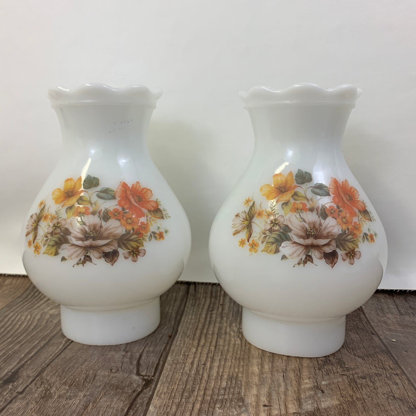 Pair of Milk Glass Hurricane Lamp Shades with Floral Pattern