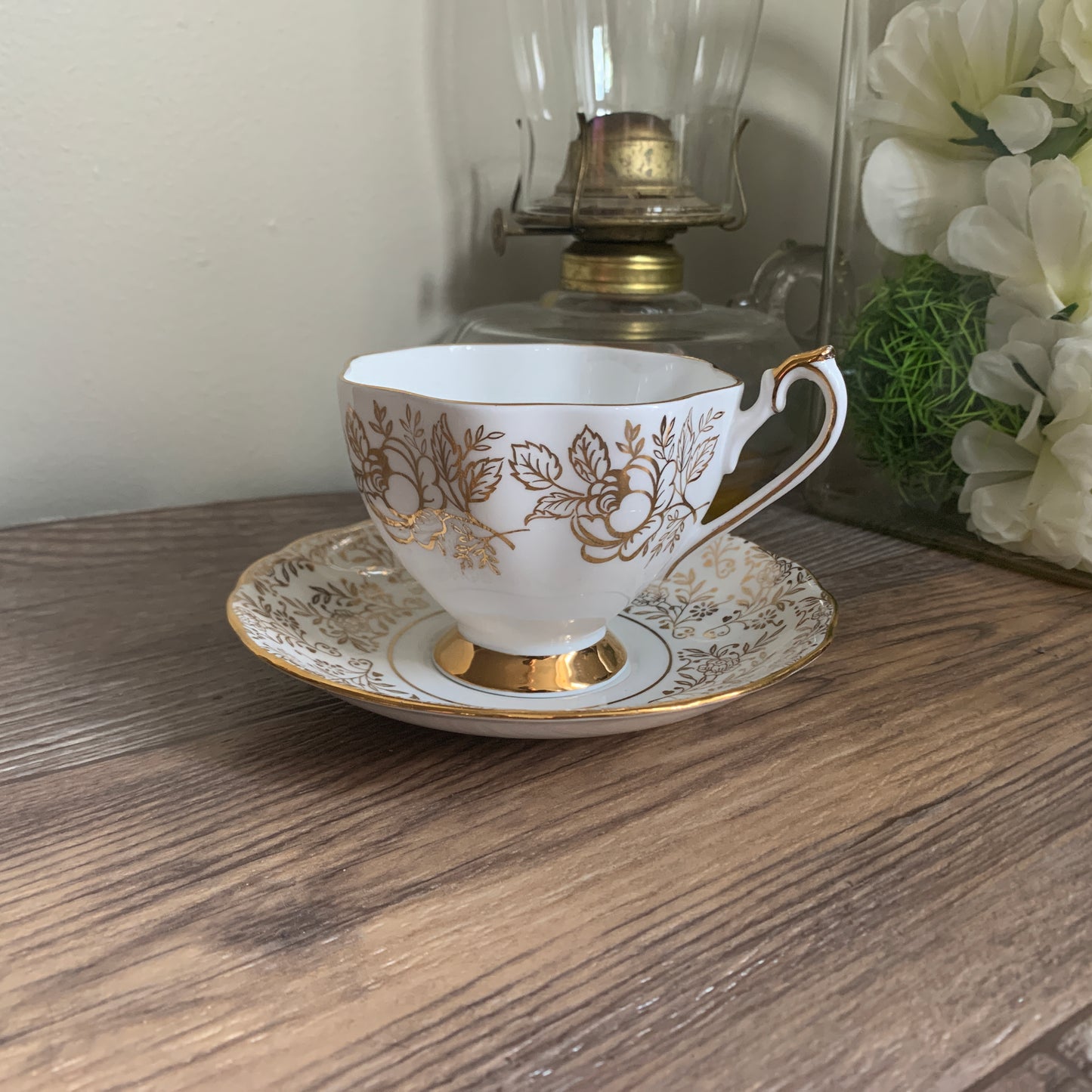Golden Floral Vintage Queen Anne Teacup and Saucer, Slightly Mis Matched Tea Cup