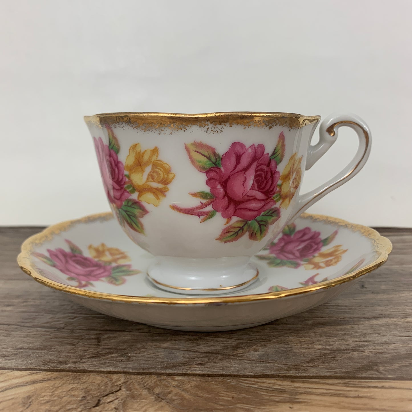 Vintage Teacup and Saucer w/ Pink and Yellow Roses and Gold Trim Made in Japan