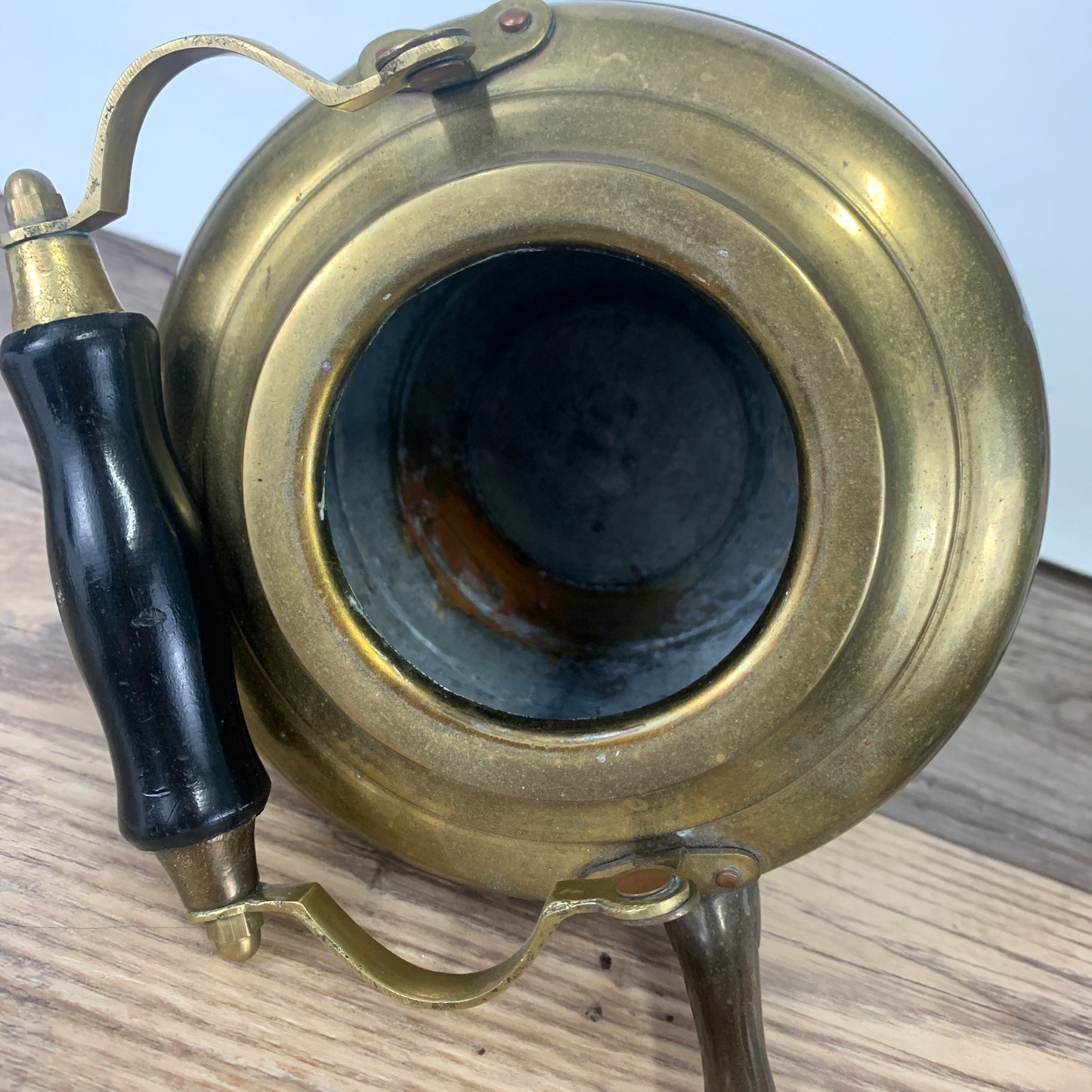 Vintage Brass Coloured Kettle with Wooden Handle