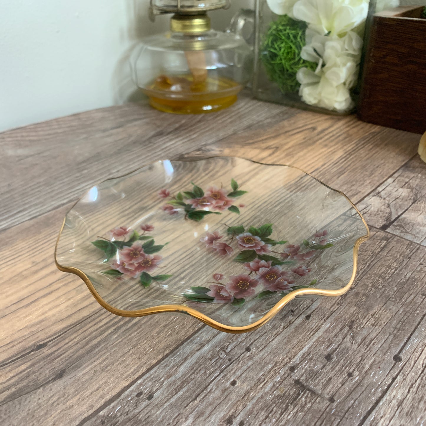 Pink Floral Dresser Dish, Small Plate with Ruffled Edge,