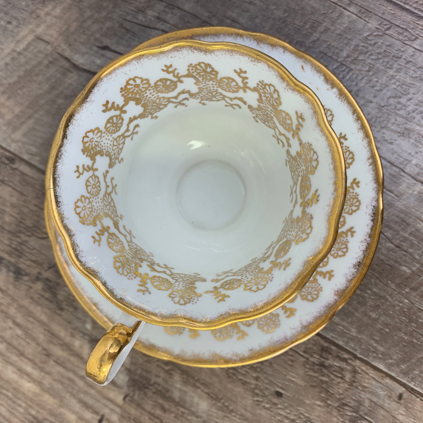 Windsor Bone China Teacup and Saucer with Gold Design, Pink, Blue, and White Floral Pattern