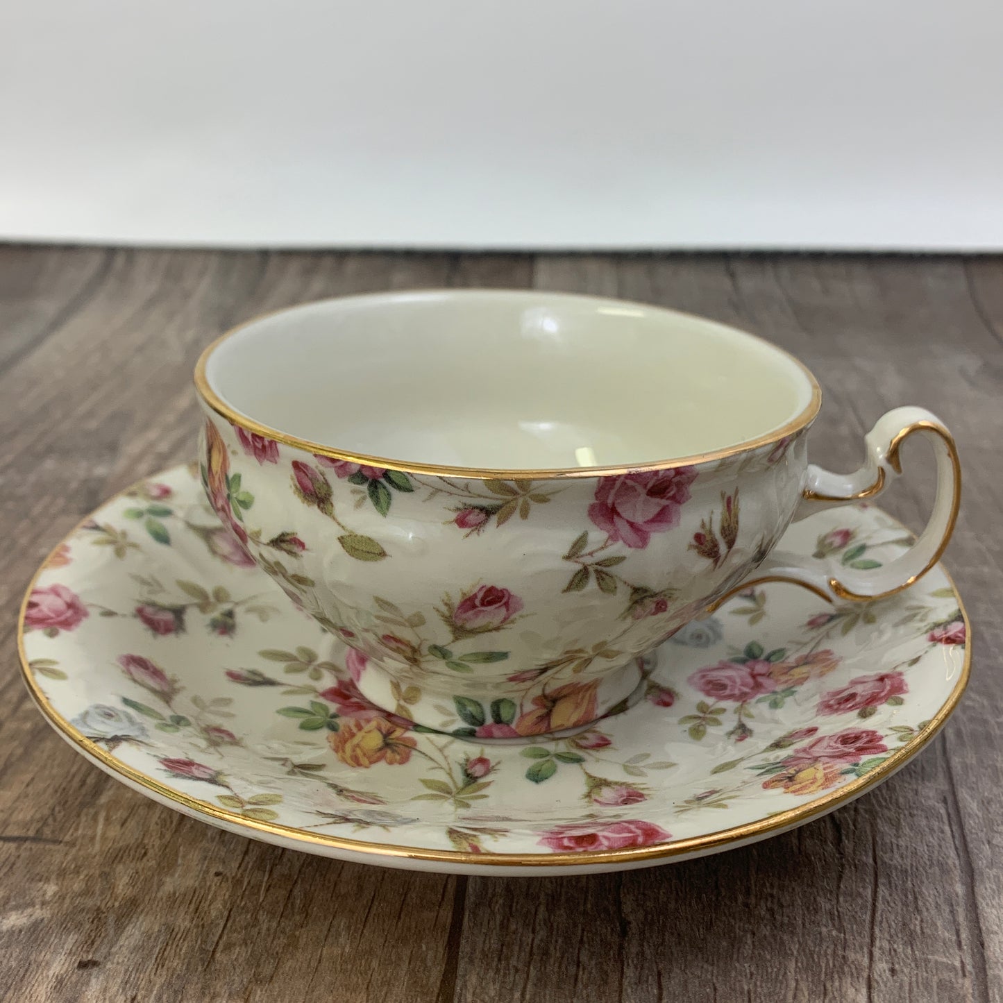 Victorian Trading Co Wide Mouth Teacup and Saucer Rose Chintz Pattern