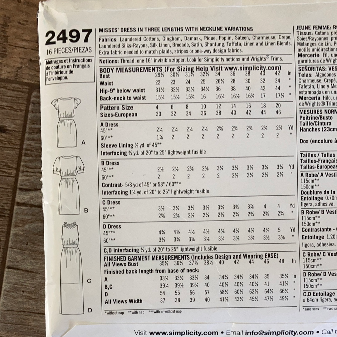 Party Dress Sewing Pattern Size 4 to 12 Simplicity 2497 Dress in Three Lengths w Neckline Variations