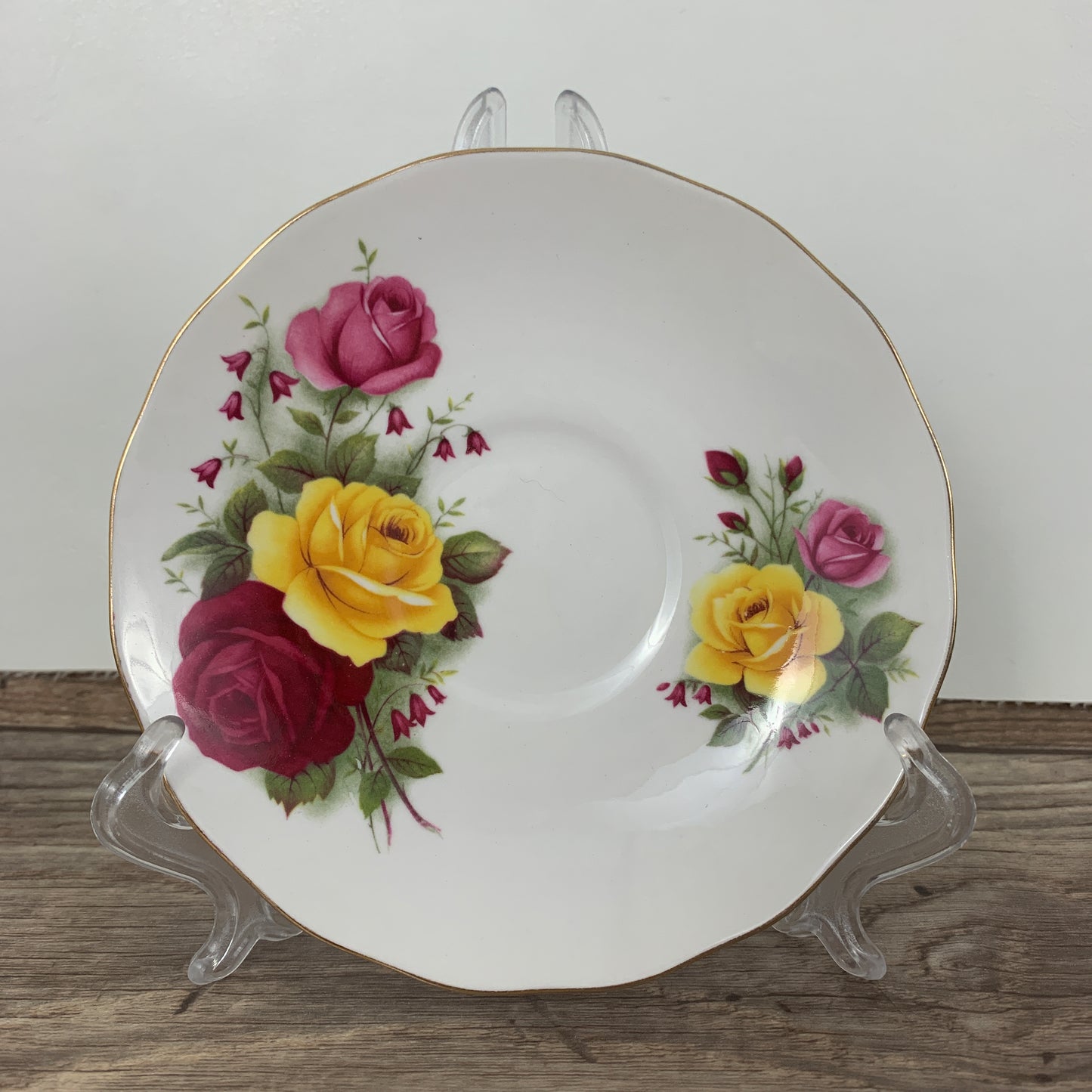 Queen Anne Vintage Teacup with Red, Yellow, and Pink Roses