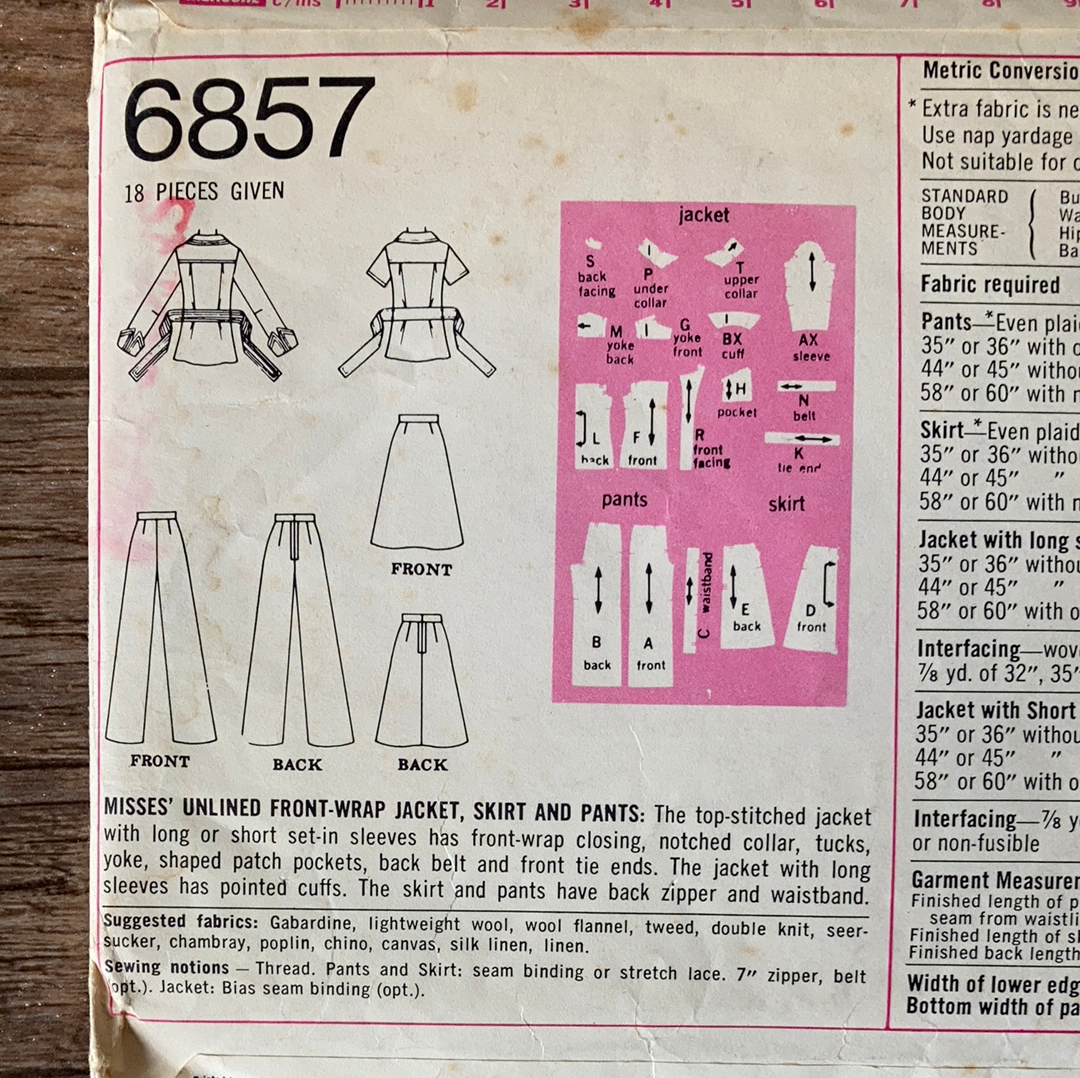Misses Front Wrap Jacket Skirt and Pants Vintage Sewing Pattern Size 12 Simplicity 6857