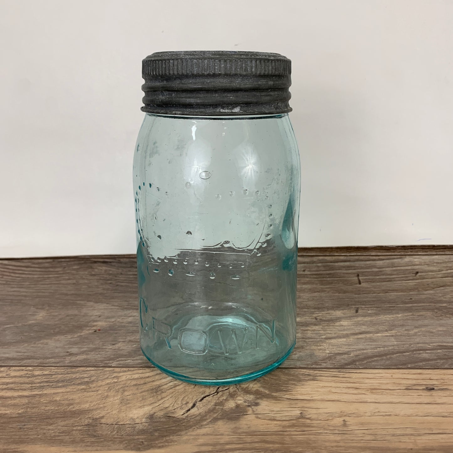 Aqua Crown Quart Size Jar 7" tall with Zinc Ring, Dry Storage, Stash Jar, Pickling Jar