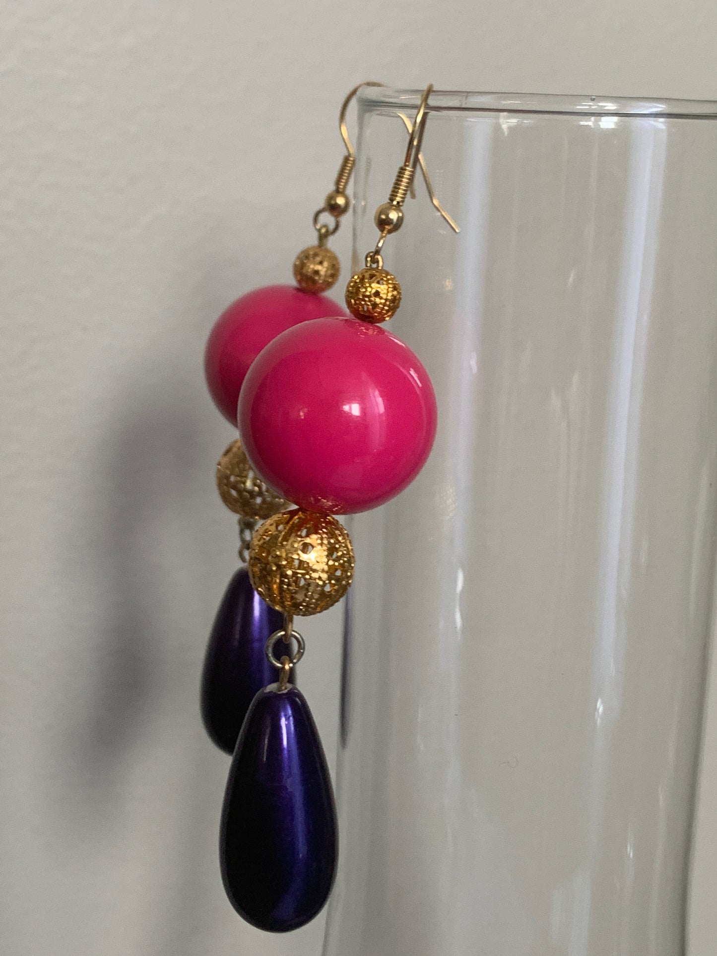 Pink and Purple Vintage Earrings 80s Dangle Earrings Colourful Earrings