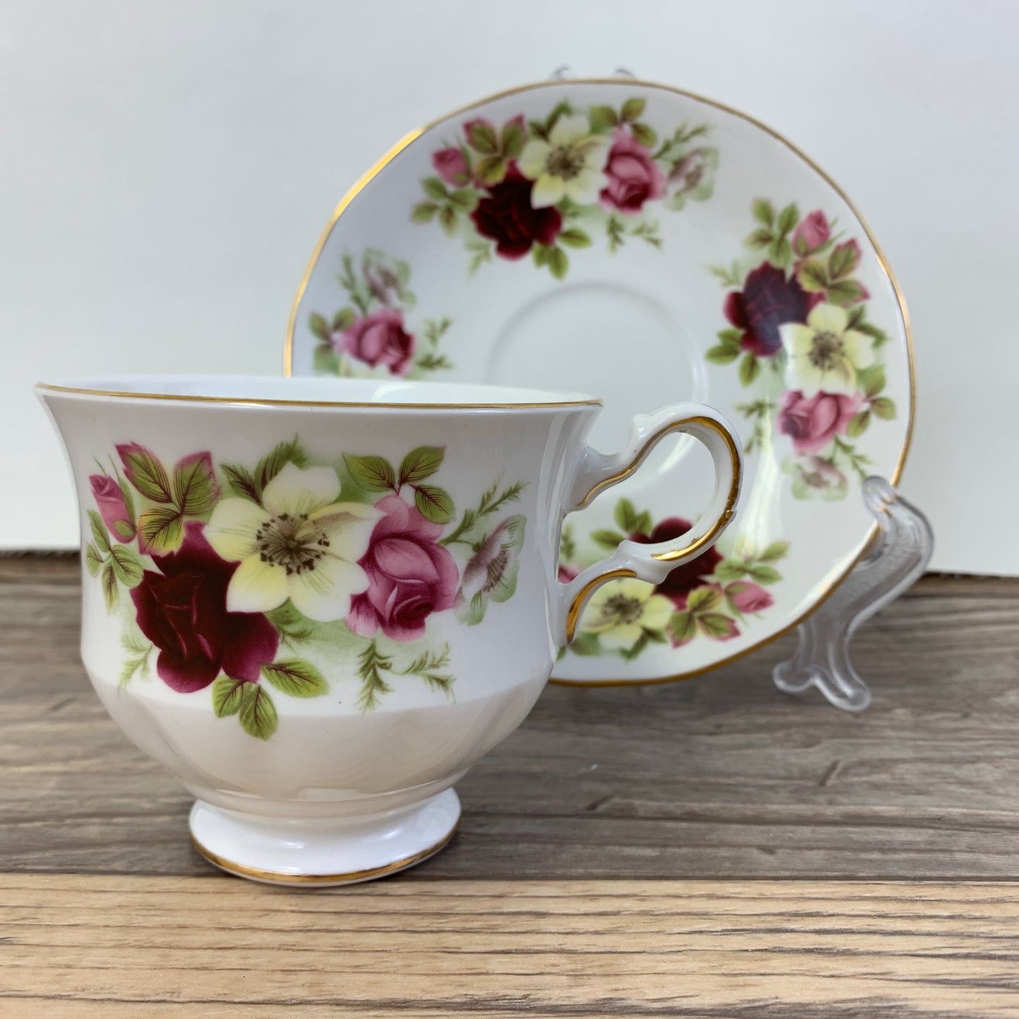 Vintage Bone China Teacup with Tea Rose Floral Pattern