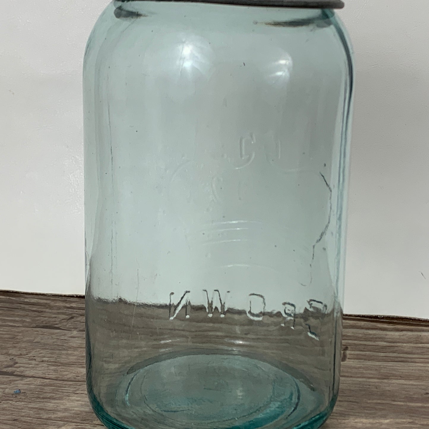 Aqua Crown Quart Size Jar 7" tall with Zinc Ring, Dry Storage, Stash Jar, Antique Farmhouse