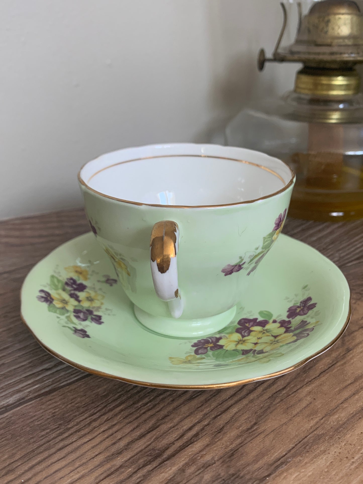 Green Vintage Teacup with Purple and Yellow Flowers Aynsley Vintage Tea Cup Mothers Day Gifts