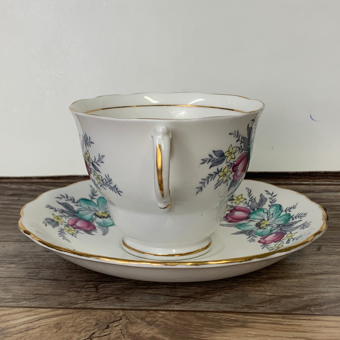 Colclough Hand Painted Teacup with Pink and Teal Flowers