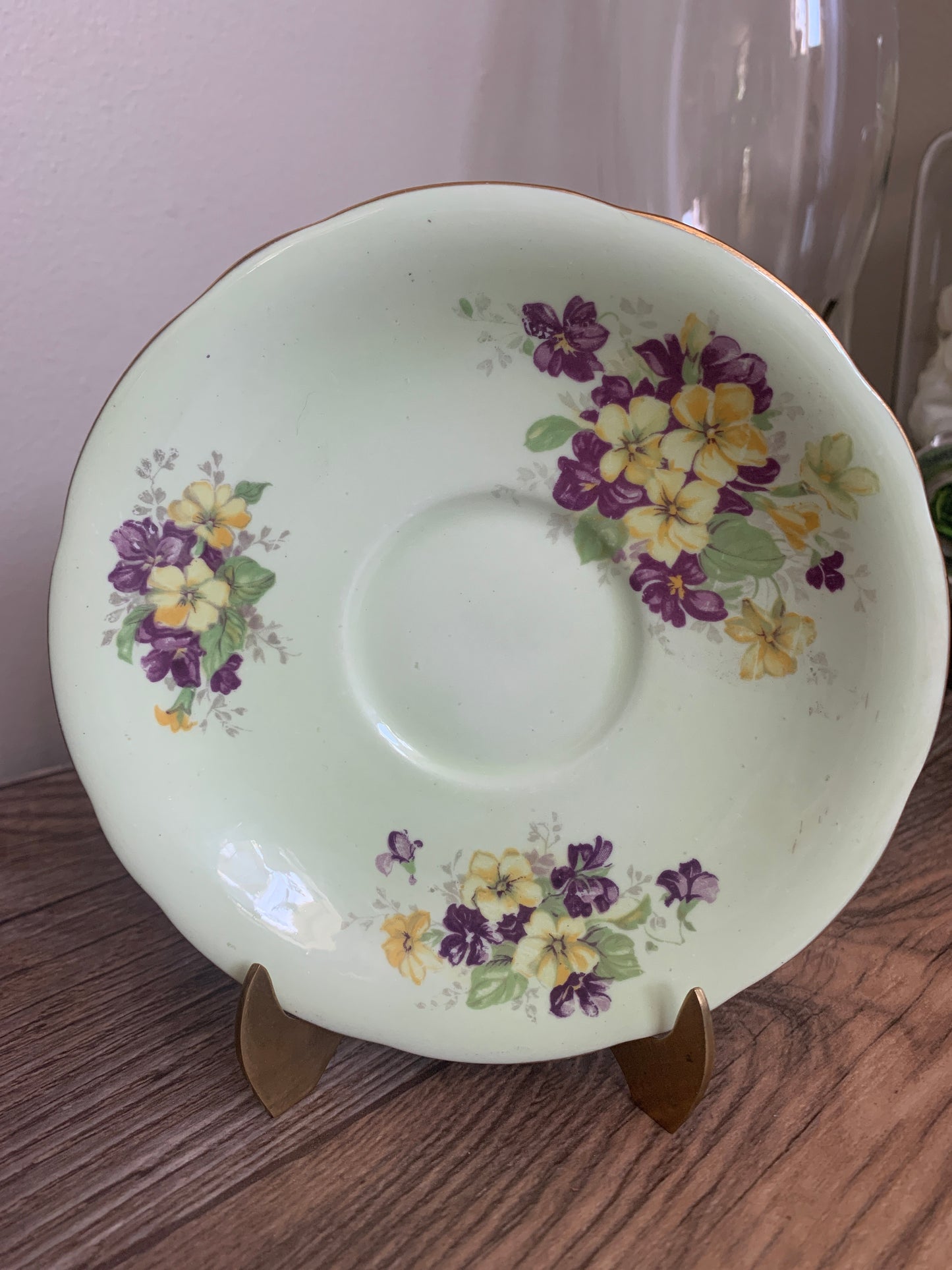 Green Vintage Teacup with Purple and Yellow Flowers Aynsley Vintage Tea Cup Mothers Day Gifts