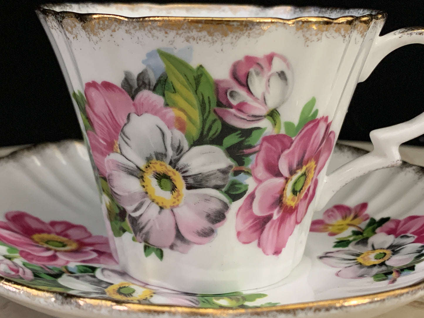 Pink and White Flower Tea Cup and Saucer with Scalloped Edge Royal Standard