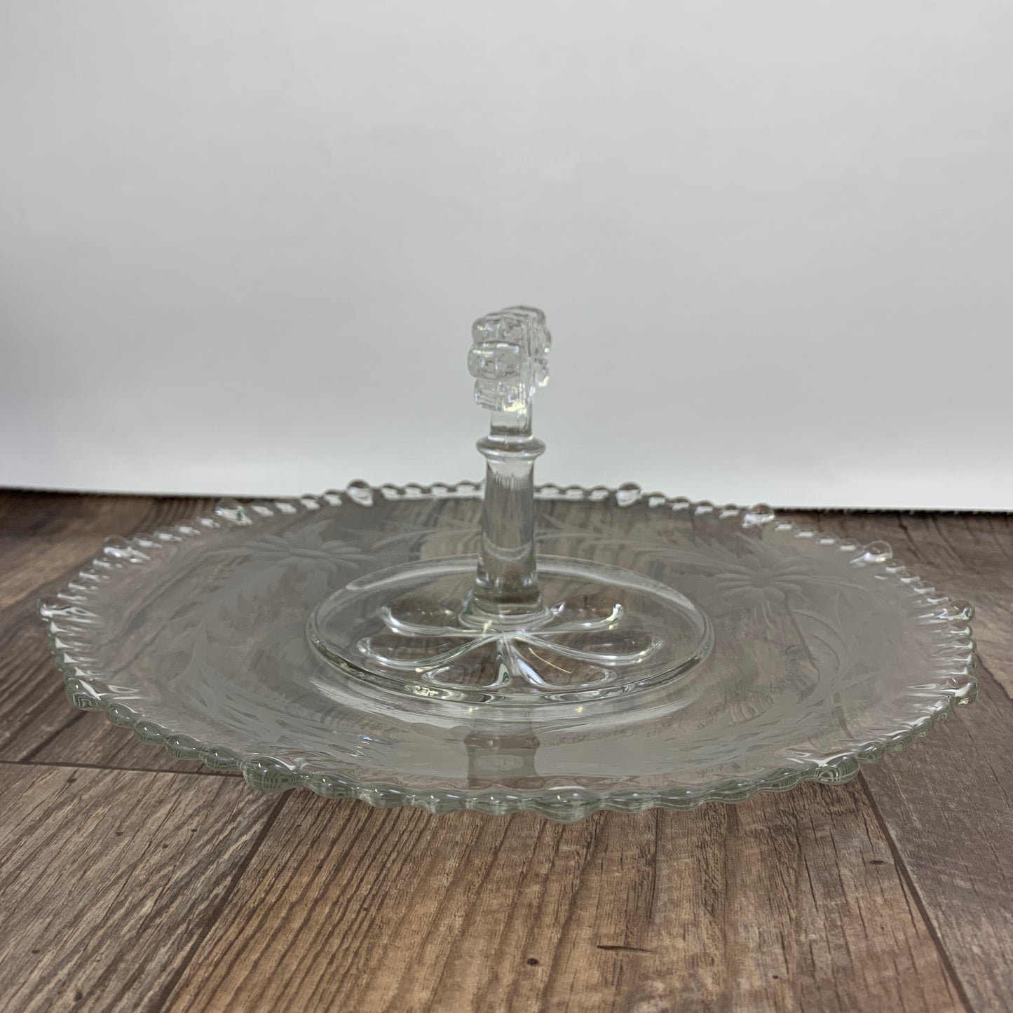 Etched Glass Dish with Center Handle Sandwich Tray Vintage Serving Tidbit Tray