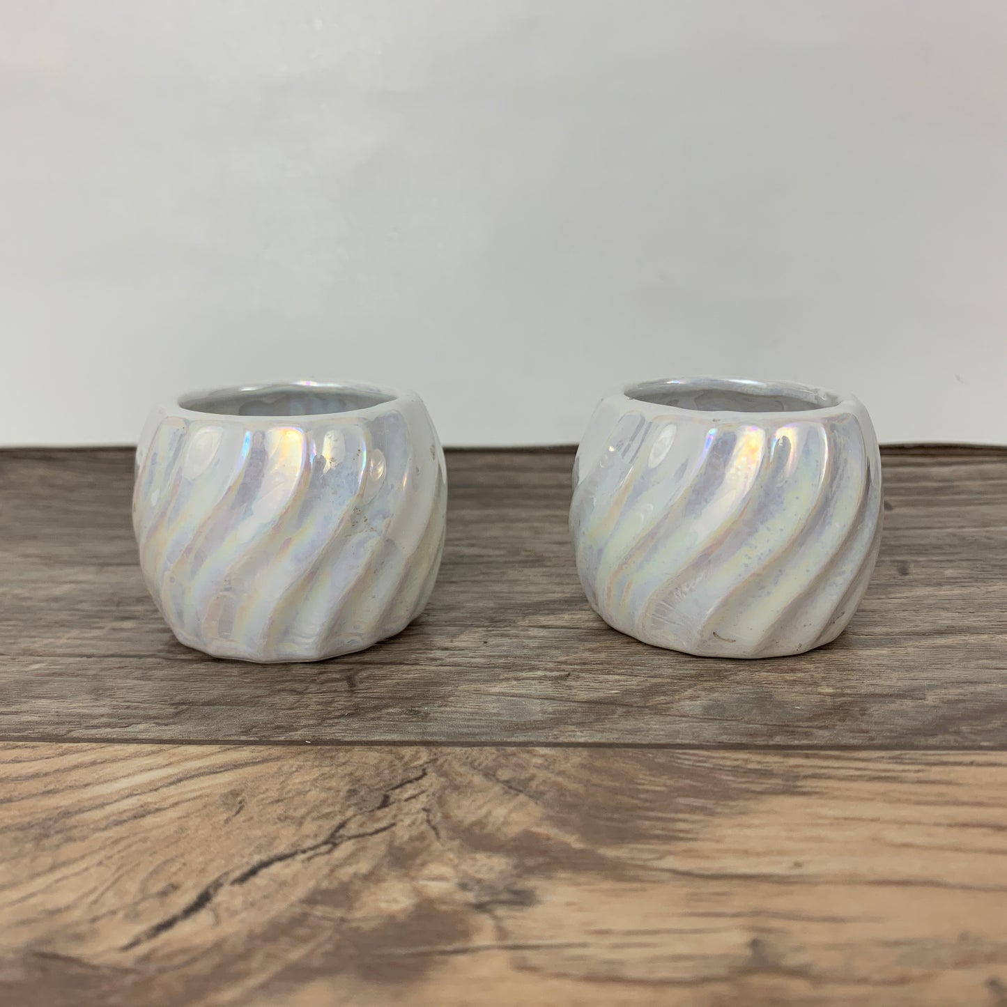 Pair of Iridescent Napkin Rings, White Lusterware Ribbed Napkin Rings