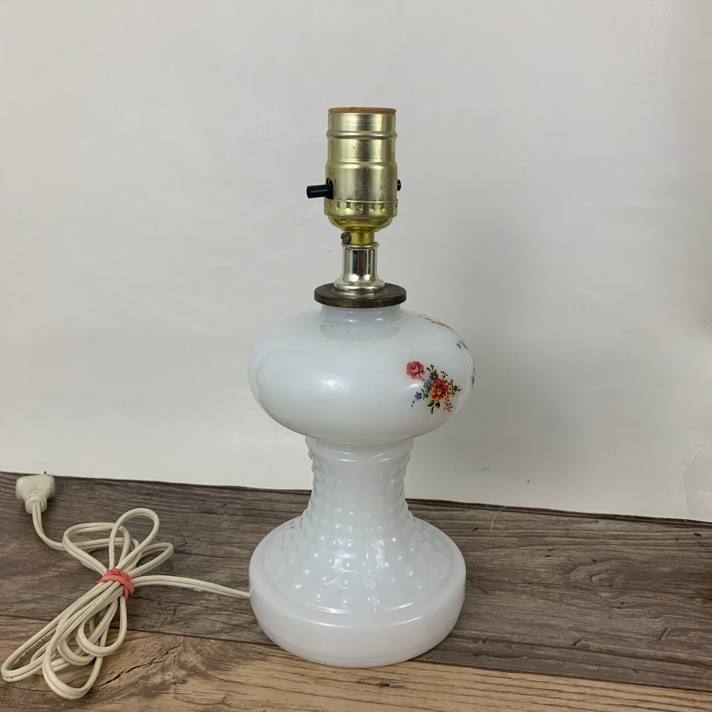 Milk Glass Lamp with Pink and Blue Flowers, Vintage Milk Glass Accent Lamp