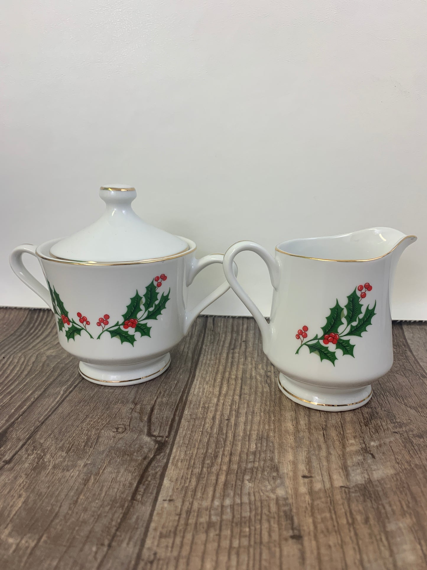 Holly Pattern Cream and Sugar Made in Japan Fine Bone China Cream and Sugar set Vintage Christmas Serving Set