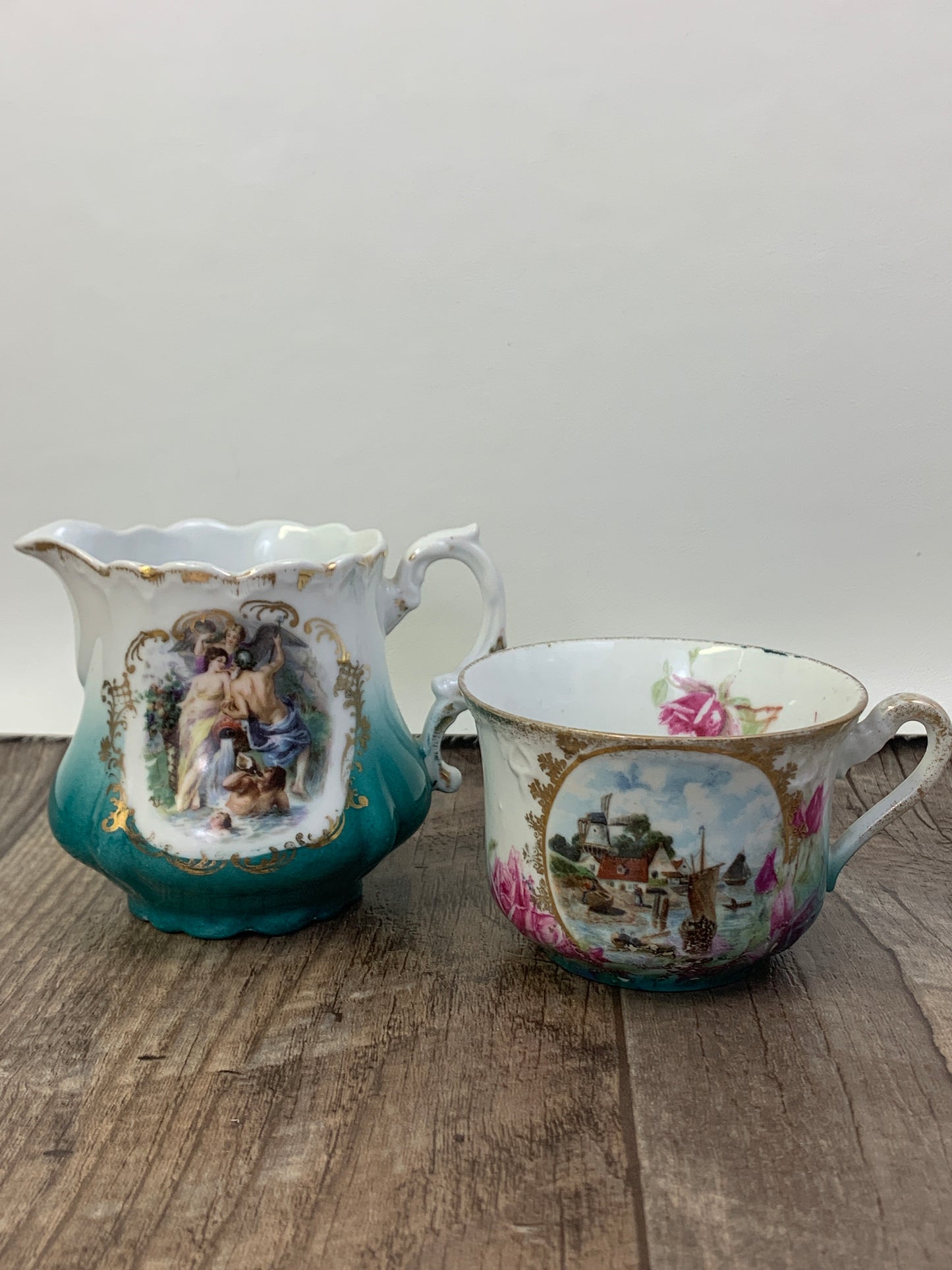 Antique Porcelain Creamer and Cup Teal and White Porcelain with Picture