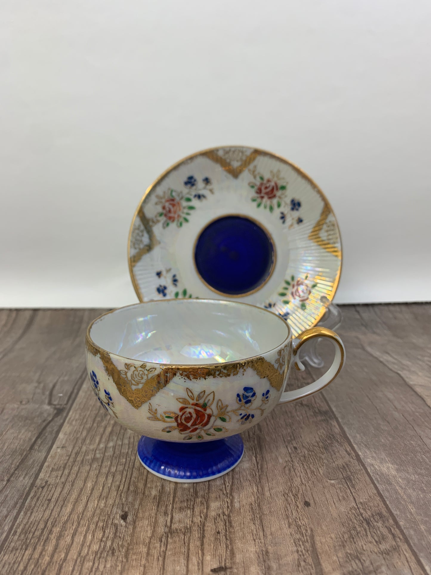 Vintage Shafford Hand Painted Teacup Blue, White and Gold