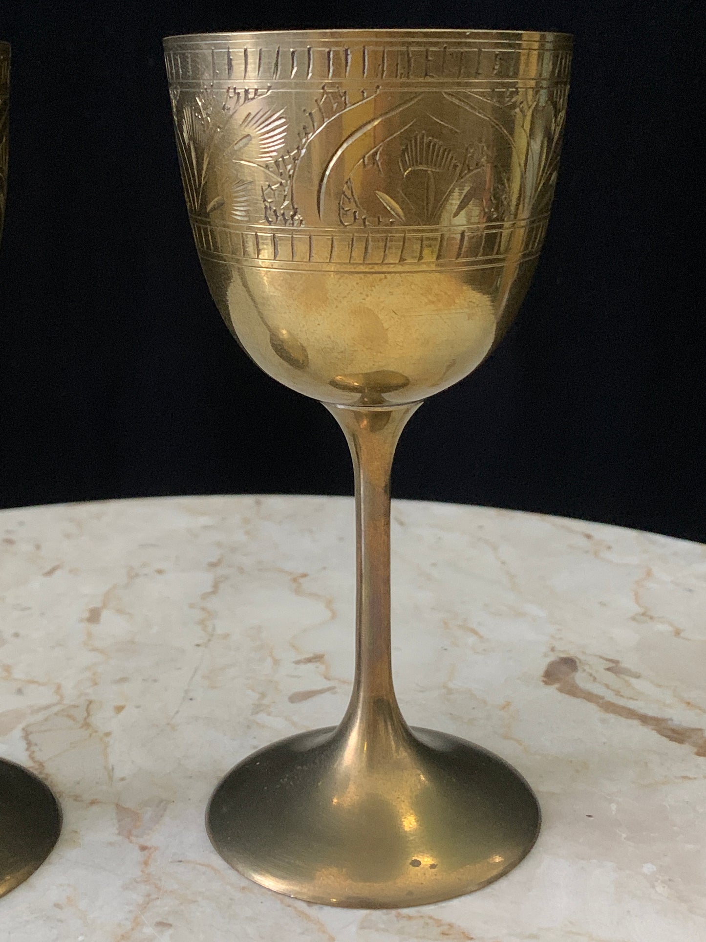 Pair of Brass Wine Goblets with Engraved Floral Design