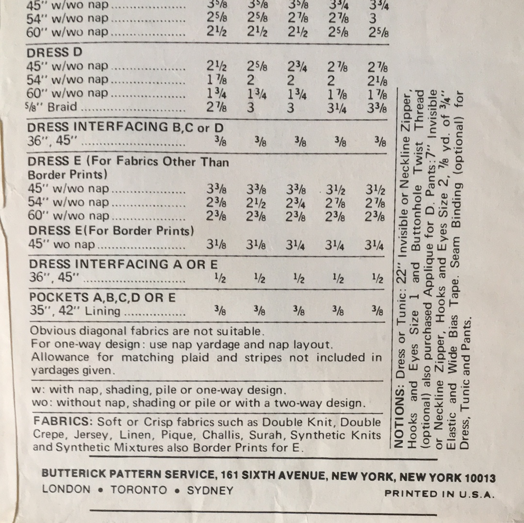 Ladies dress tunic and pants Vintage Sewing Pattern Size 14 Butterick 6601
