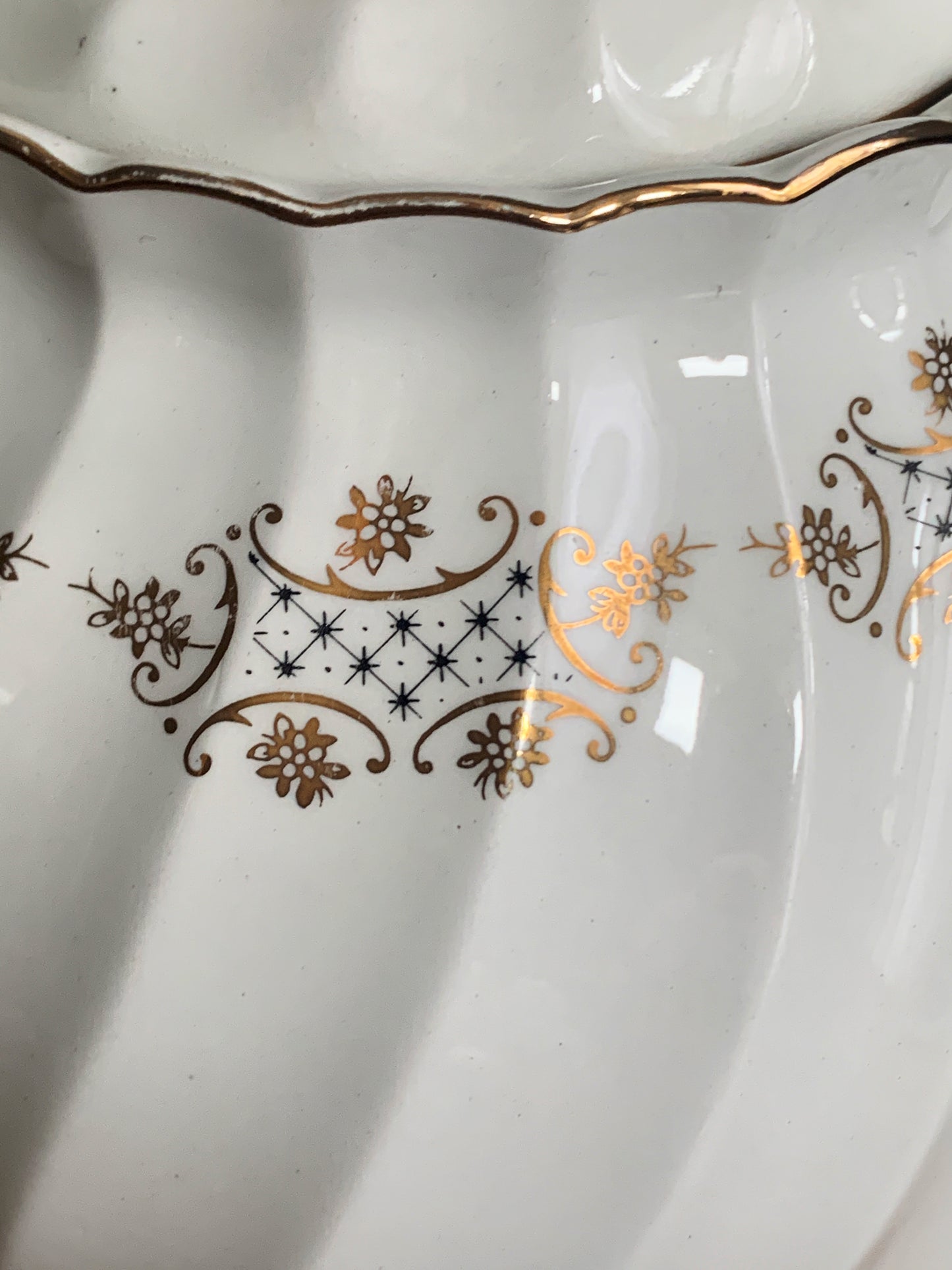 Johnson Bros White Coffee Pot with Swirled Rib Pattern Gold and Navy Pattern Tall Coffee Pot