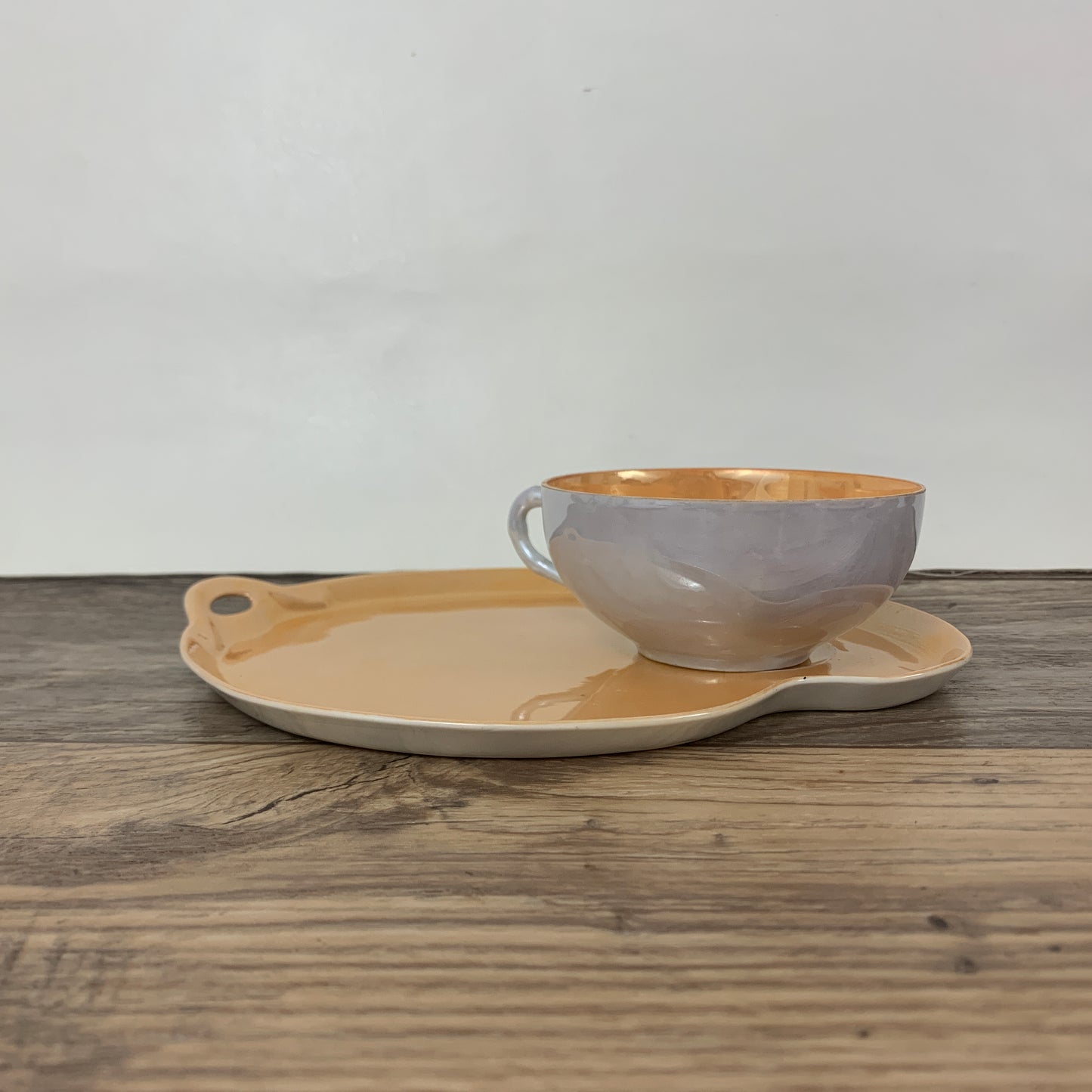 Japan Lusterware Snack Set Peach and White Teacup an Snack Plate