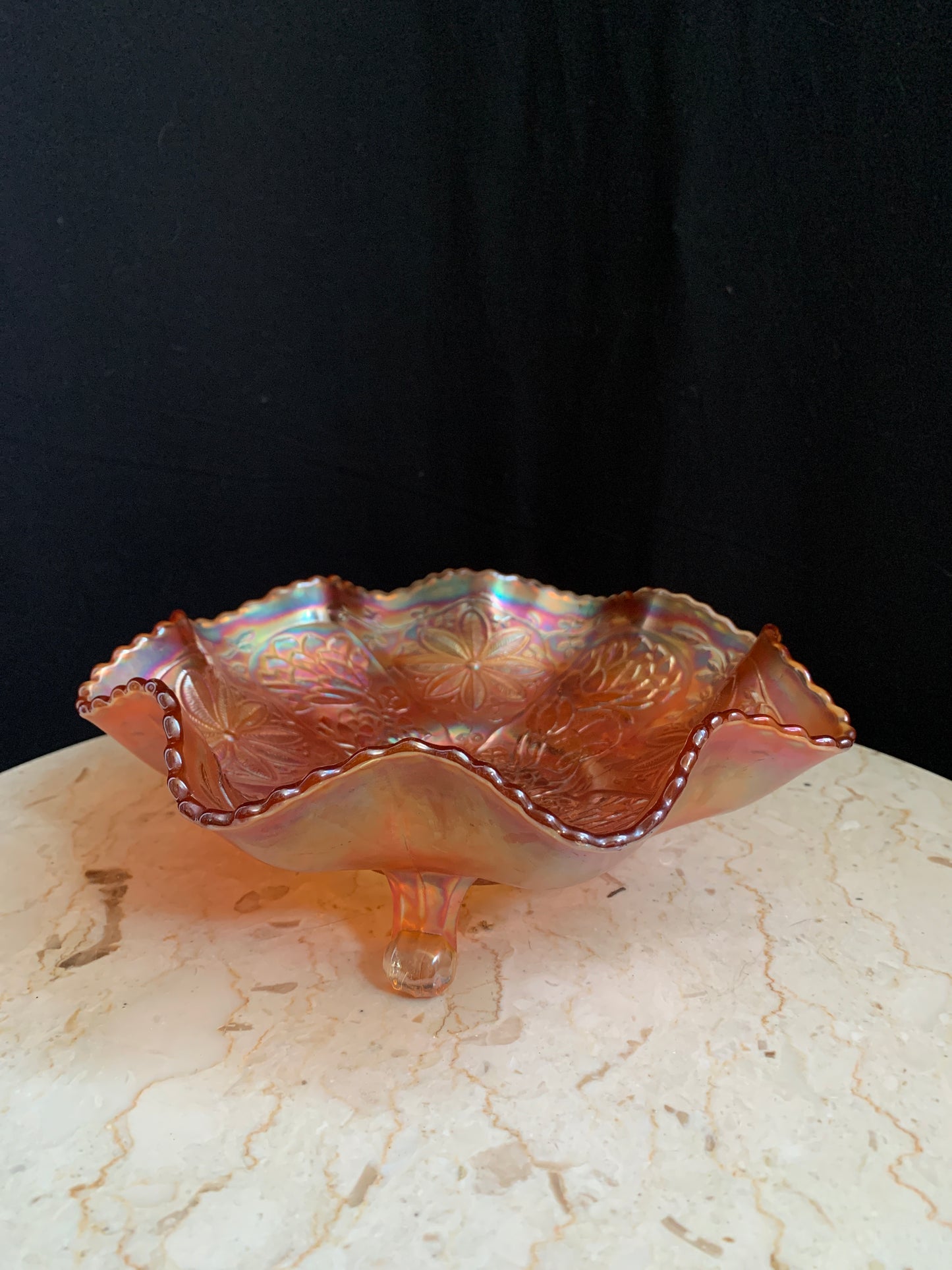 Fenton Carnival Glass Water Lily Poinsettia and Lotus footed dish