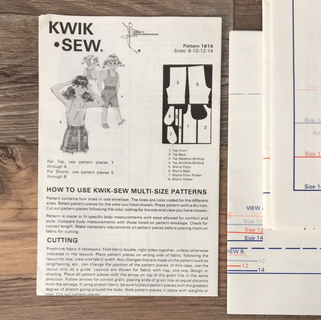 Girls Summer Shorts Tank Top Sewing Pattern Size 8 to 14 Kwik Sew 1614