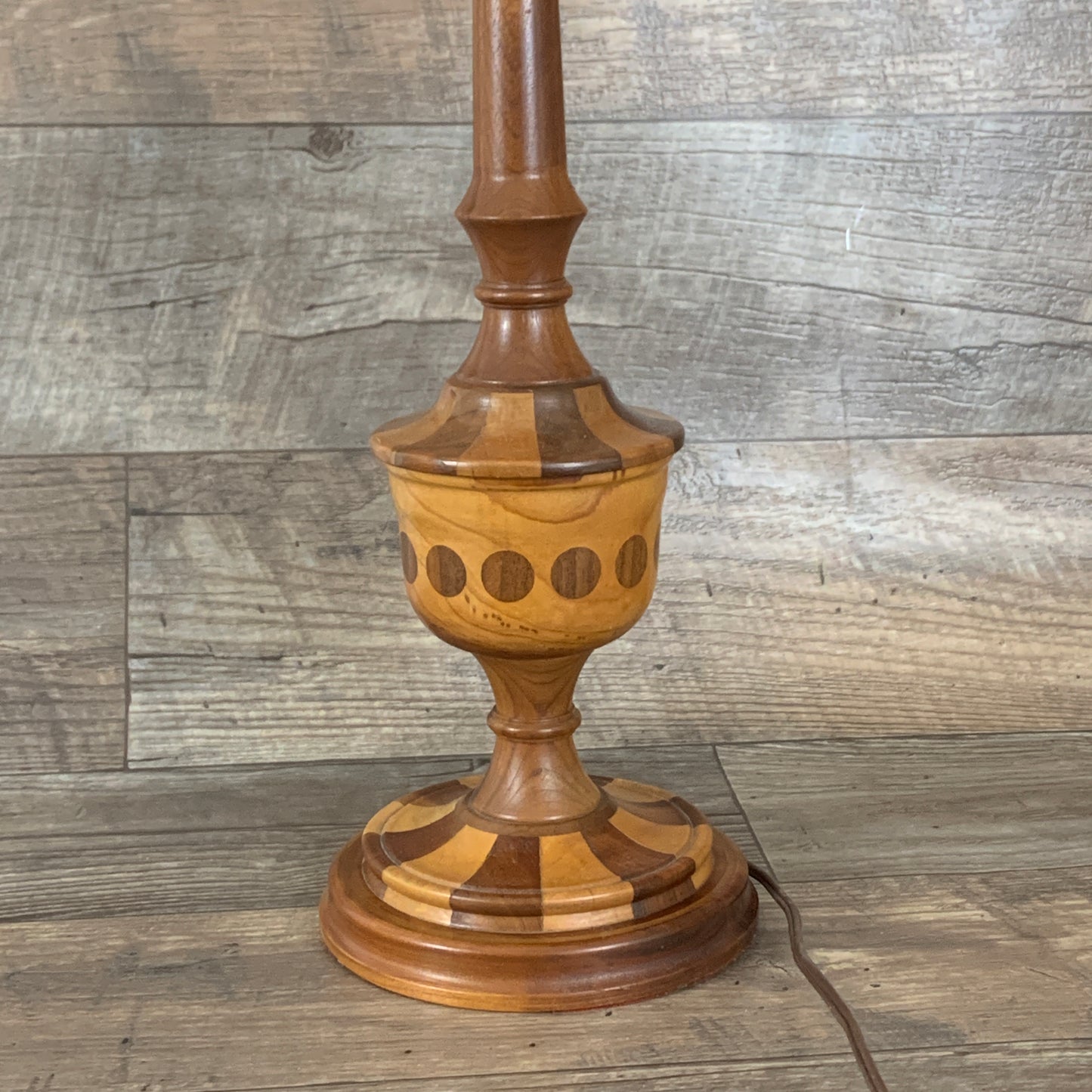 Wooden Table Lamp with Decorative Inlay, Vintage Wooden Lamp