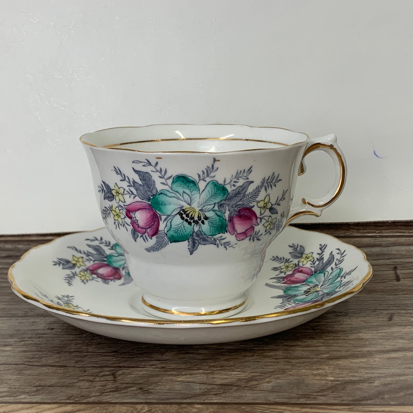 Colclough Hand Painted Teacup with Pink and Teal Flowers