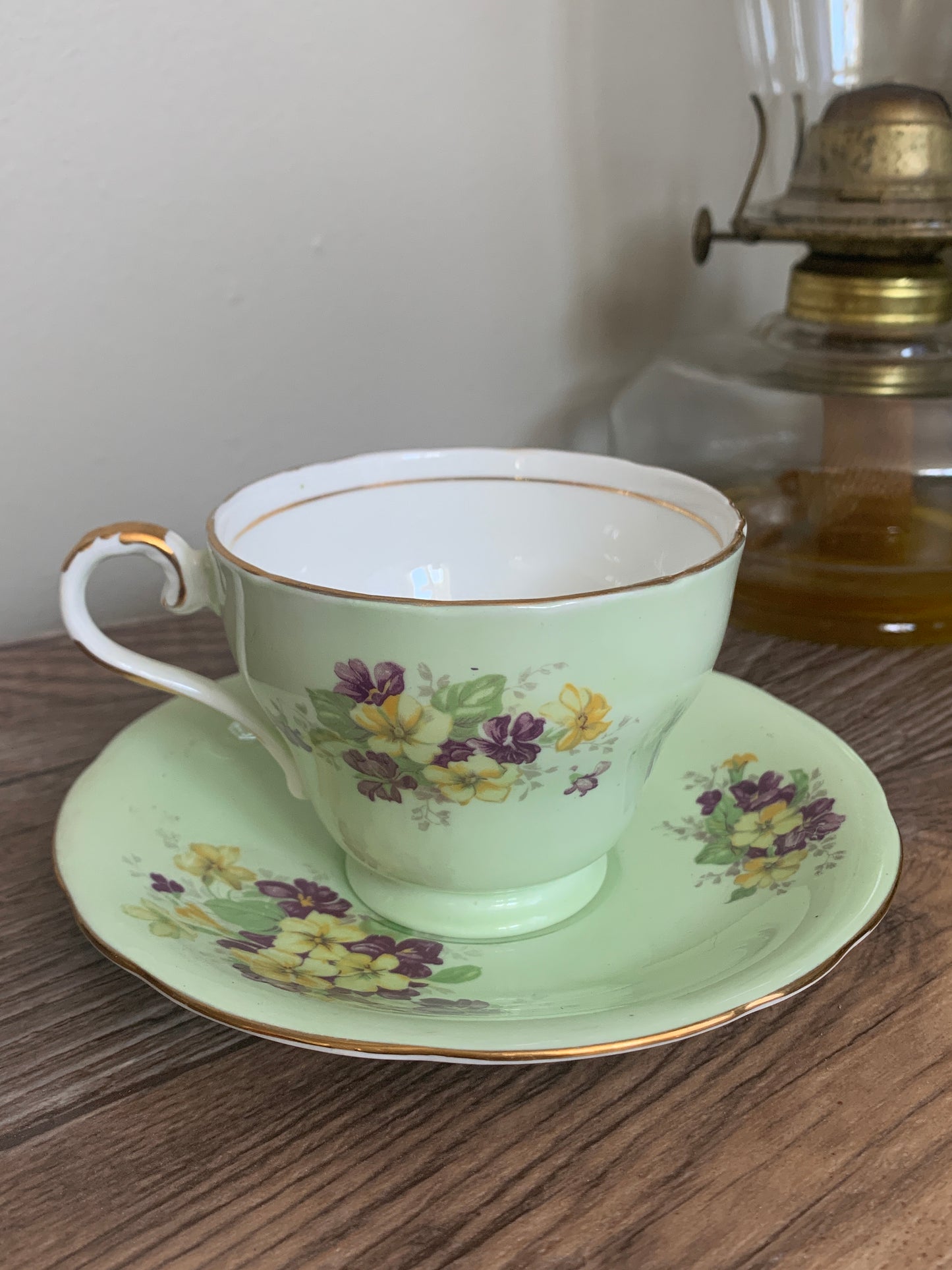 Green Vintage Teacup with Purple and Yellow Flowers Aynsley Vintage Tea Cup Mothers Day Gifts