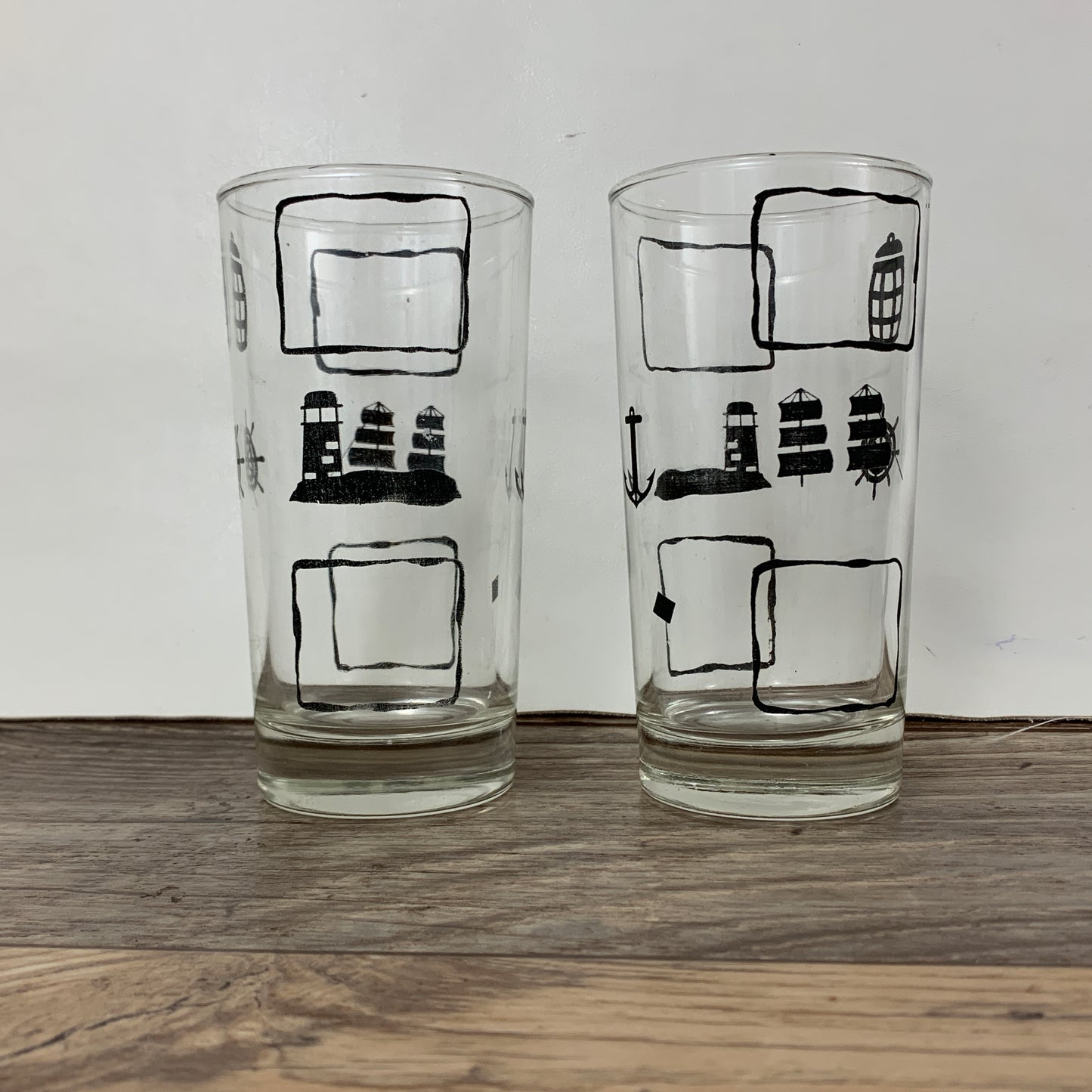 Vintage Juice Glasses with Black Nautical Design, Beach House Glasses