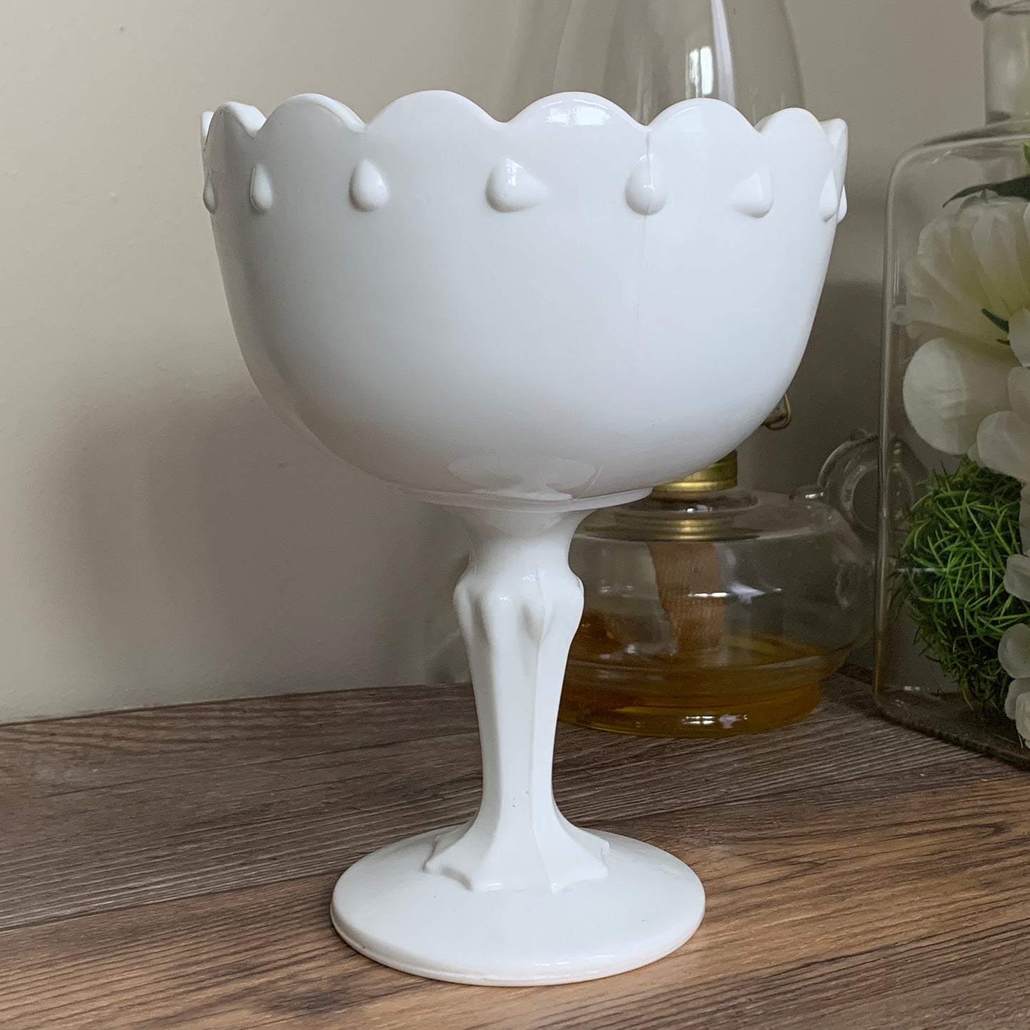 Vintage Milk Glass Pedestal Dish Indiana Glass Teardrop Small Milk Glass Compote