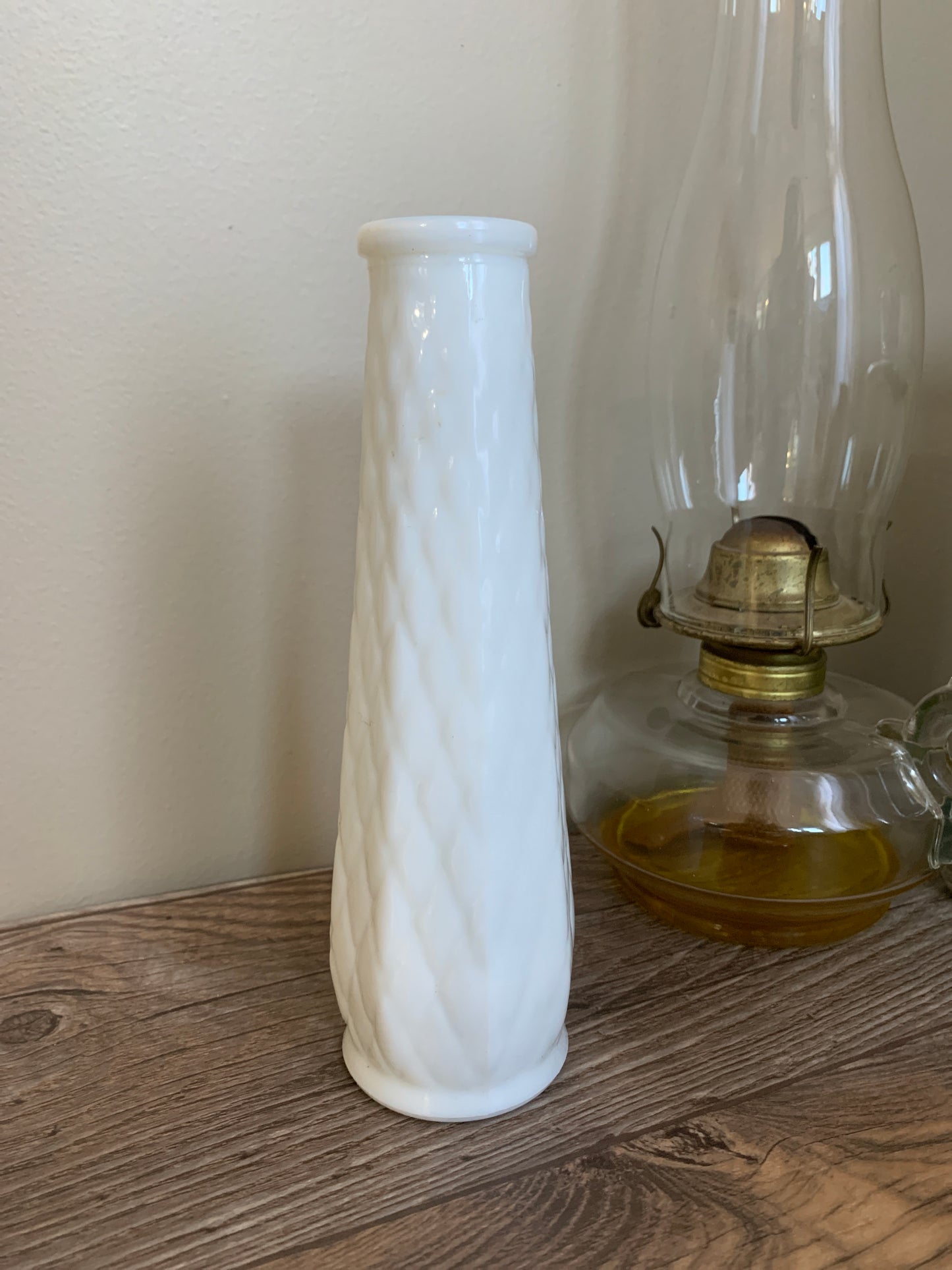 White Milk Glass Vintage Vase with Diamond Waffle Pattern Vintage Farmhouse Decor Housewarming Gifts